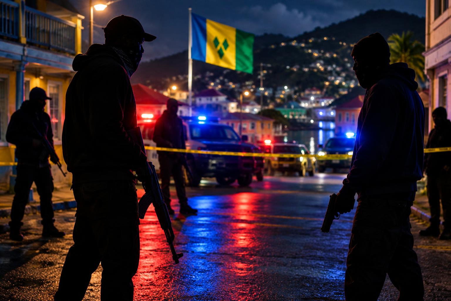 Silhouettes of rival gang members facing off in a Kingstown street at night, illegal firearms visible, yellow police tape cordoning the scene, Saint Vincent and the Grenadines flag illuminated in the background, red and blue emergency lights casting dramatic shadows