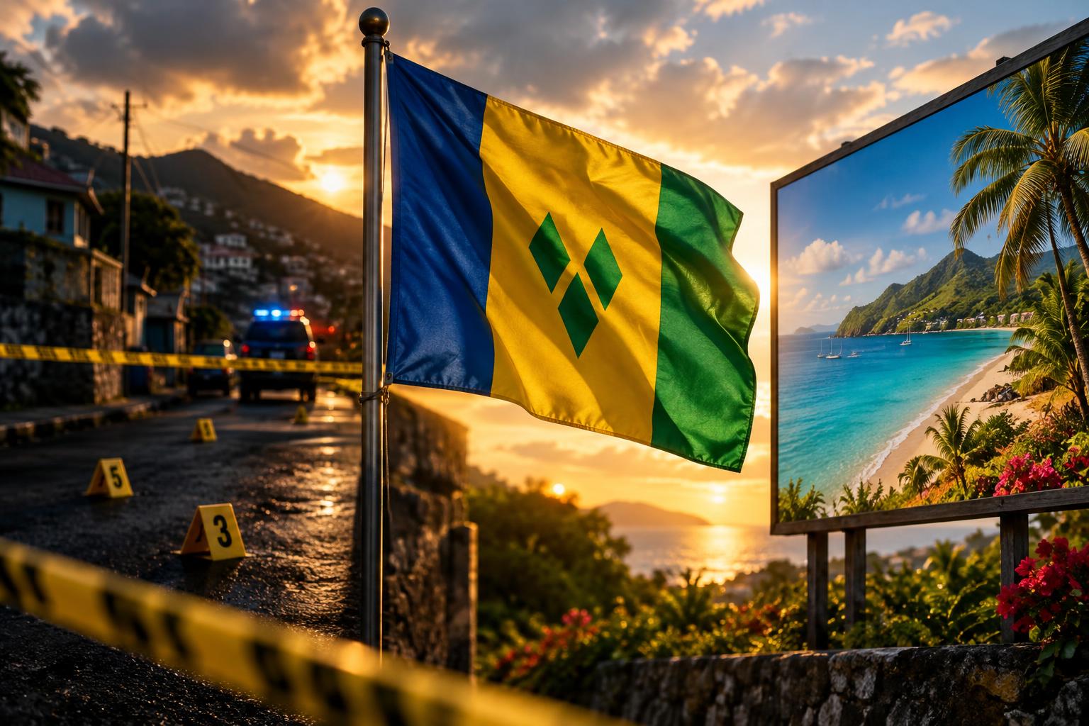 A split-screen composition: left side shows yellow police tape and crime scene markers on a street at dusk, right side displays a tourism billboard with beach imagery. The flag of St. Vincent and the Grenadines waves prominently in the center, with dramatic shadows and golden hour lighting emphasizi