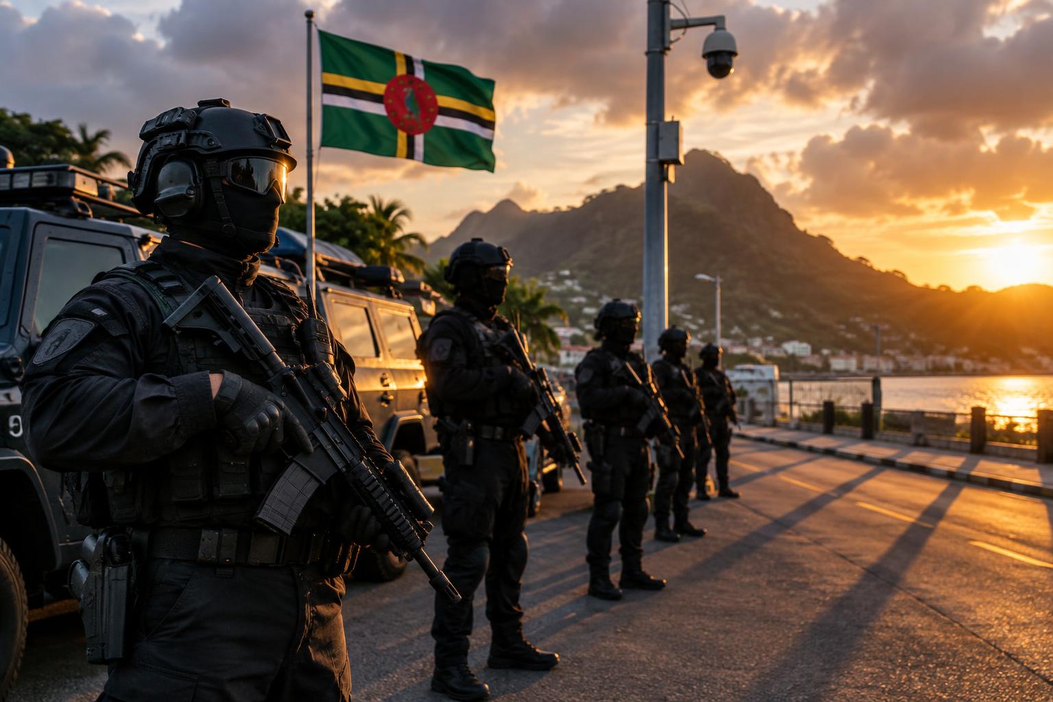 A specialized police tactical unit in formation with modern equipment and surveillance camera mounted on pole, Dominica's flag prominently displayed, dramatic evening lighting casting long shadows on street, emphasizing security and enforcement presence