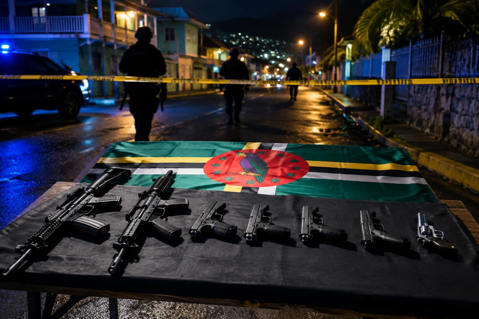 Seven confiscated firearms arranged on a table with the Dominica flag, police tape cordoning off a Roseau street at night, silhouettes of officers patrolling in the background, dramatic spotlight lighting