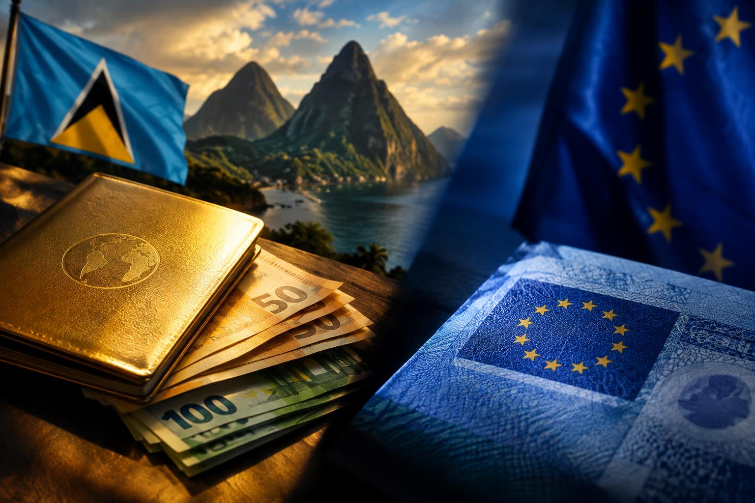 A split-screen composition: on one side, a golden passport and stack of euros under warm light; on the other, the EU flag and Schengen visa symbol in cool blue light. Saint Lucia's flag and Pitons silhouette in the background. Dramatic shadows suggesting tension and difficult choice.