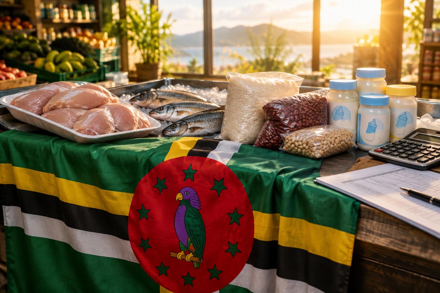 Dominica's flag draped over a grocery counter displaying chicken, fish, rice, beans, and infant formula bottles. A calculator and budget document nearby. Golden morning light streaming through windows, emphasizing relief and hope.