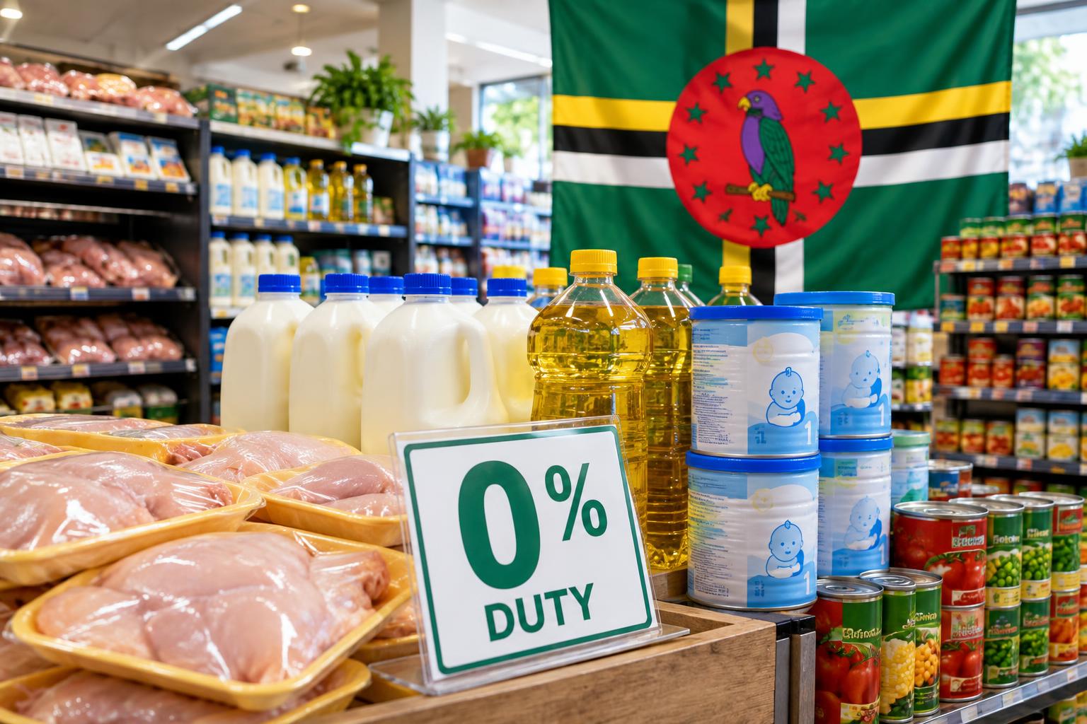 Grocery store shelves stocked with chicken, milk, cooking oil, baby formula, and canned goods, with the Dominica flag prominently displayed. Bright, welcoming lighting highlighting the essential items. A price tag showing zero duty in the foreground.