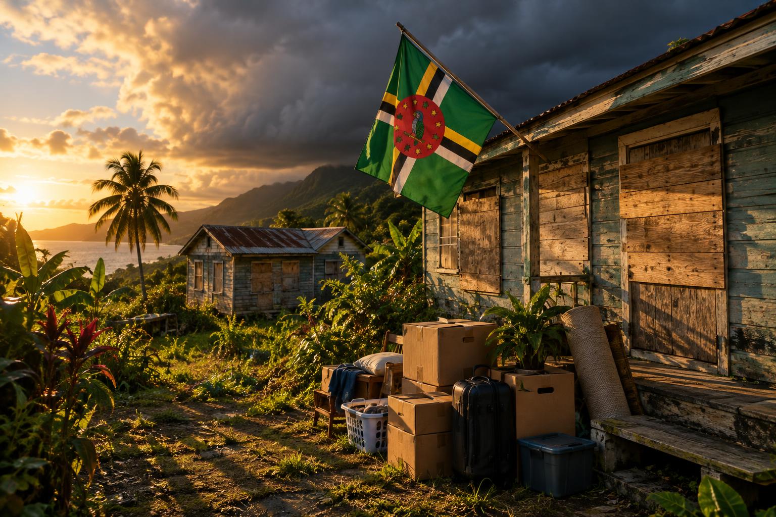 Abandoned wooden houses with boarded windows in lush tropical vegetation, moving boxes and belongings stacked outside, Dominica's flag prominently displayed, dramatic storm clouds gathering overhead, golden hour lighting casting long shadows across the scene