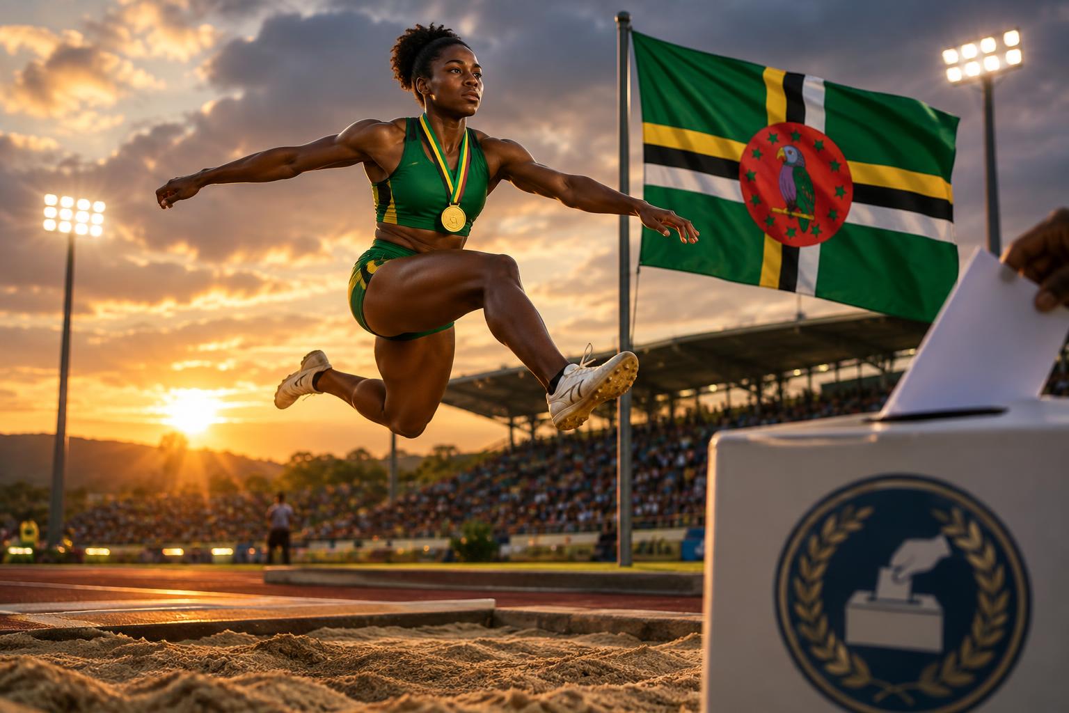A triple jump athlete mid-leap over a sand pit with a golden medal gleaming, the Dominica flag prominently displayed, an official voting ballot or commission seal in the foreground, stadium lights creating dramatic shadows at sunset