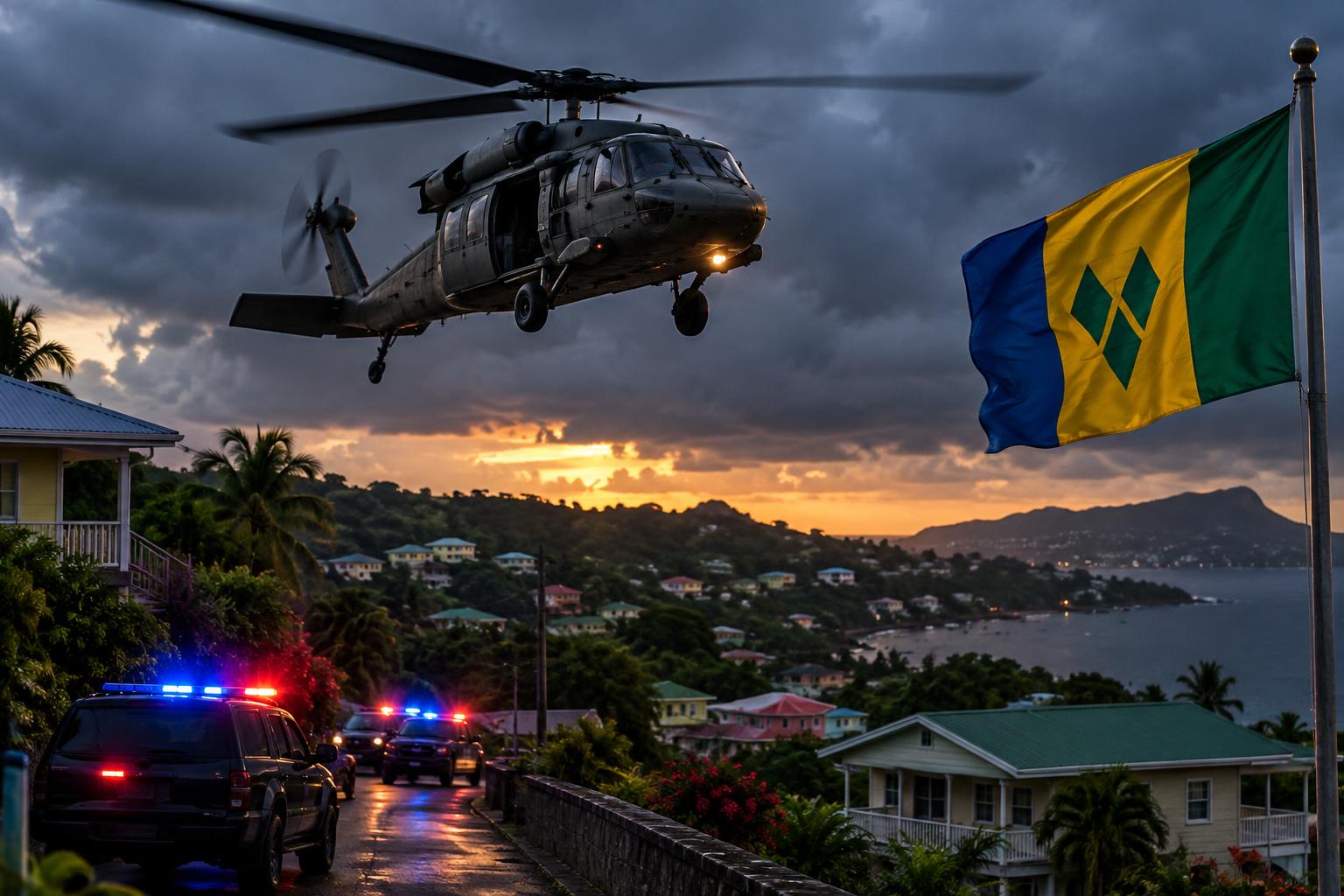Military helicopter hovering over a hillside neighborhood at dusk, St. Vincent and the Grenadines flag prominently displayed, police vehicles with flashing lights below, dramatic storm clouds overhead, no people visible