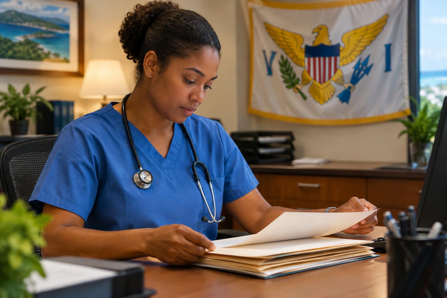 A healthcare worker in scrubs reviewing patient files at a desk in a clinic, with the US Virgin Islands flag visible in the background, warm office lighting, professional setting