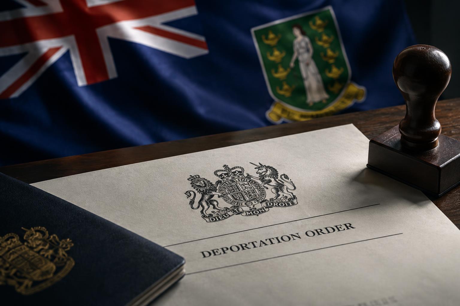 An official government seal or deportation document with the British Virgin Islands flag in the background, formal and austere lighting, no identifiable people.