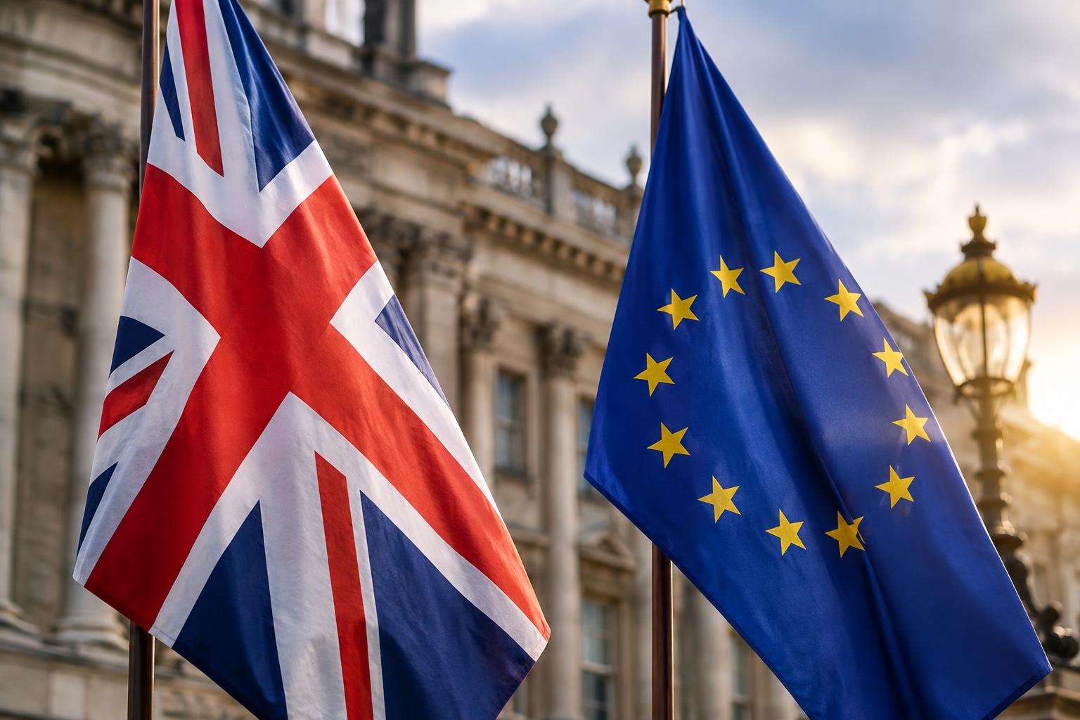 The Union Jack and European Union flag side by side on a government building backdrop, with soft political lighting, suggesting diplomatic negotiation and international relations between Britain and Europe.