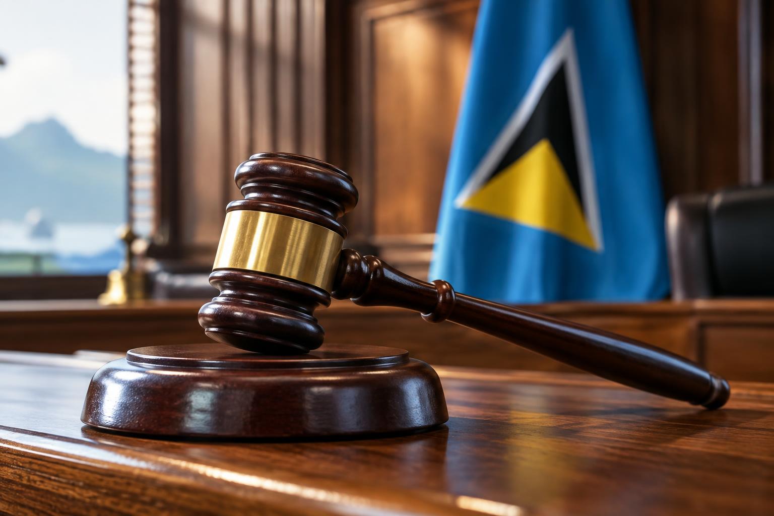 A gavel resting on a courthouse desk with the flag of Saint Lucia in the background, cinematic lighting, no people or faces visible.