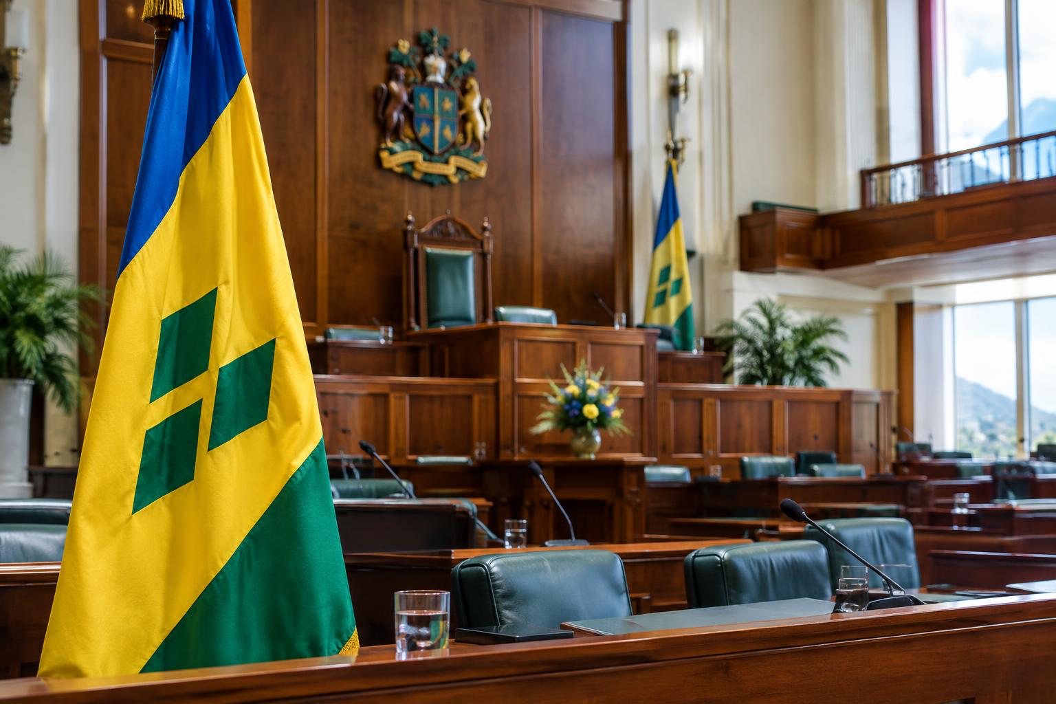 A government building or parliament chamber with the flag of St. Vincent and the Grenadines prominently displayed, shot in formal daylight, conveying official governance and policy-making.