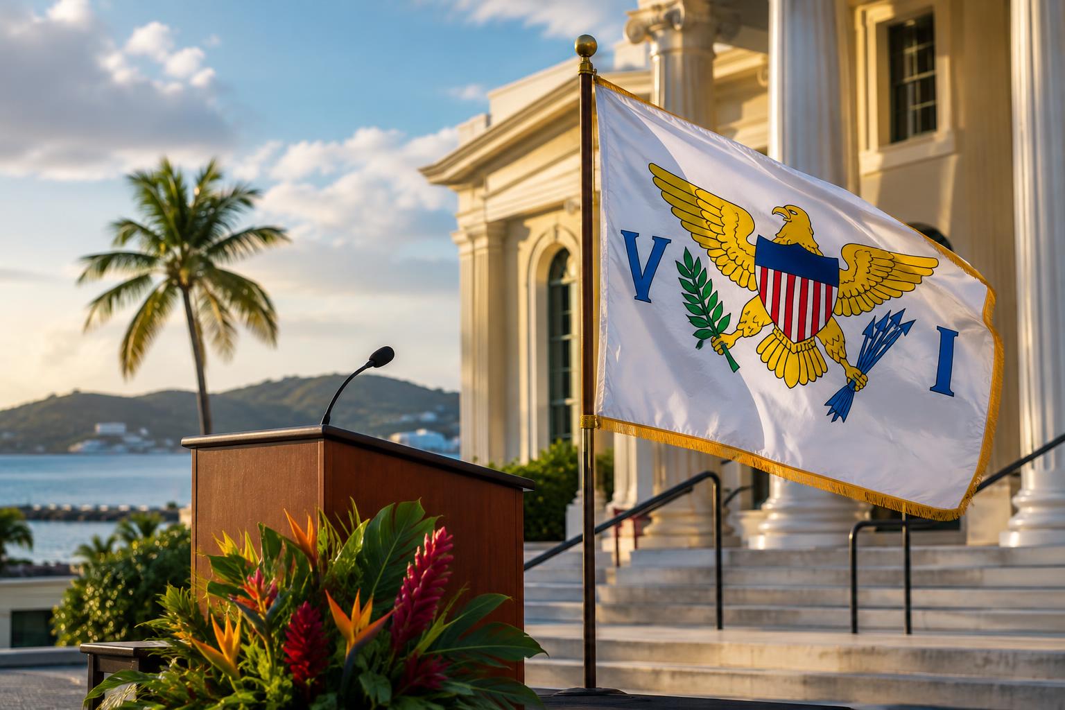 A government building or official podium with the US Virgin Islands flag flying, representing civic commemoration and labour history recognition.