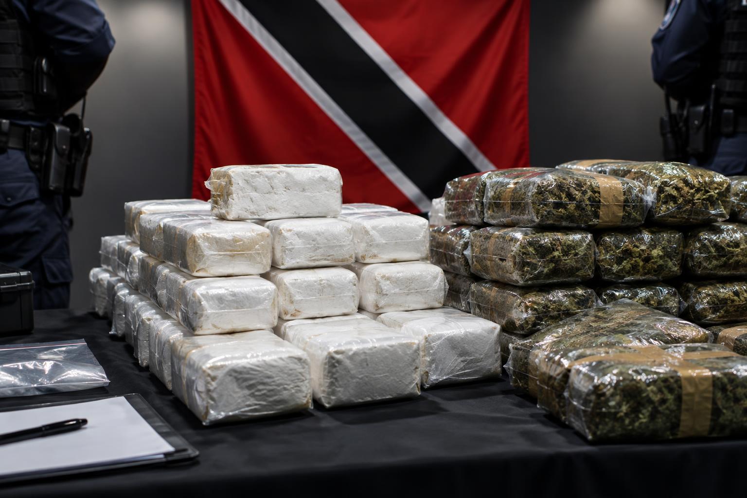Stacks of seized cocaine and marijuana packages arranged on a table with the Trinidad and Tobago flag in the background, police uniforms visible at the edges, professional evidence documentation setup, dramatic overhead lighting, no identifiable faces
