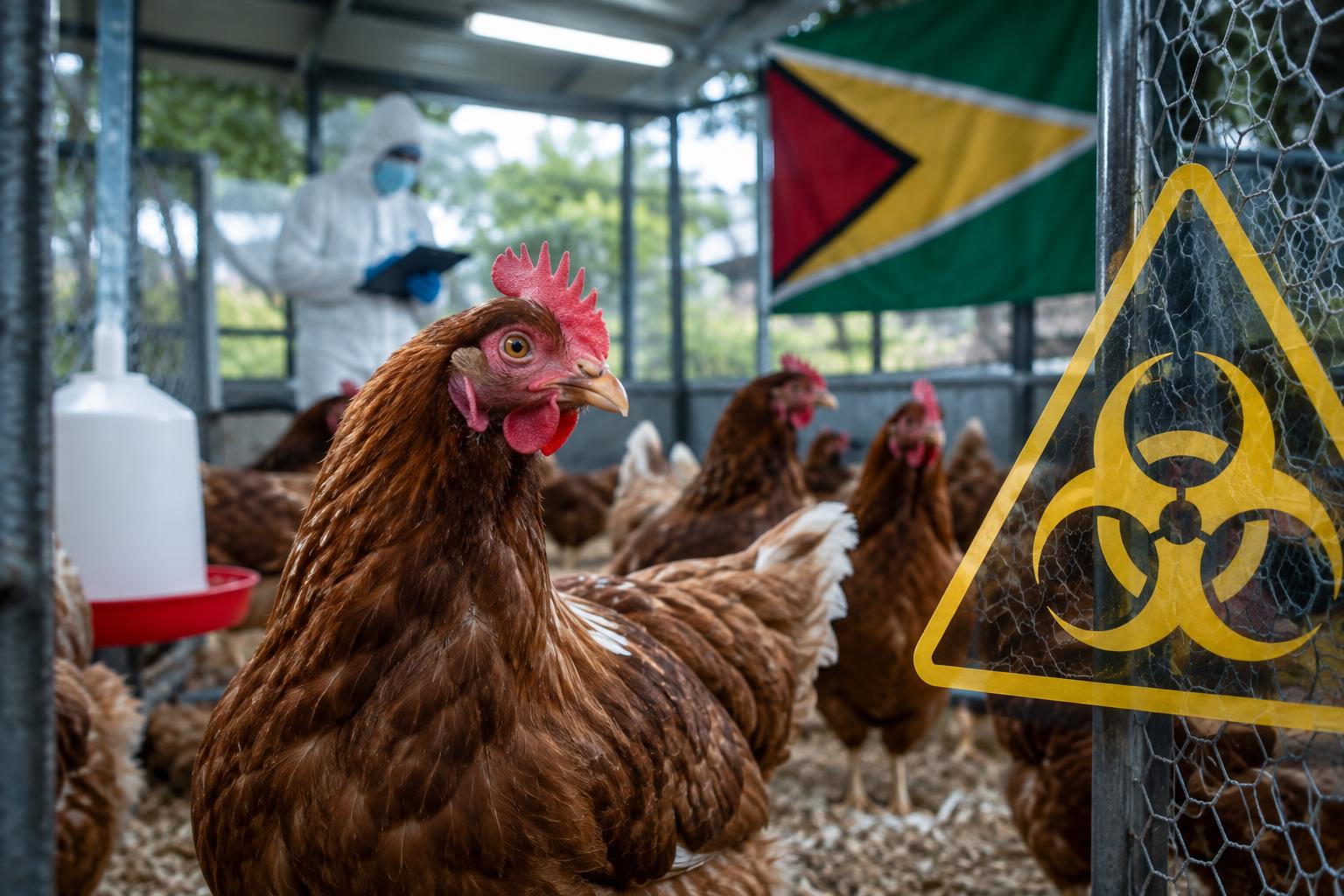 A farm setting with chickens in an enclosure, with a biohazard or warning symbol overlay, the flag of Guyana visible in the background, clinical lighting suggesting disease monitoring
