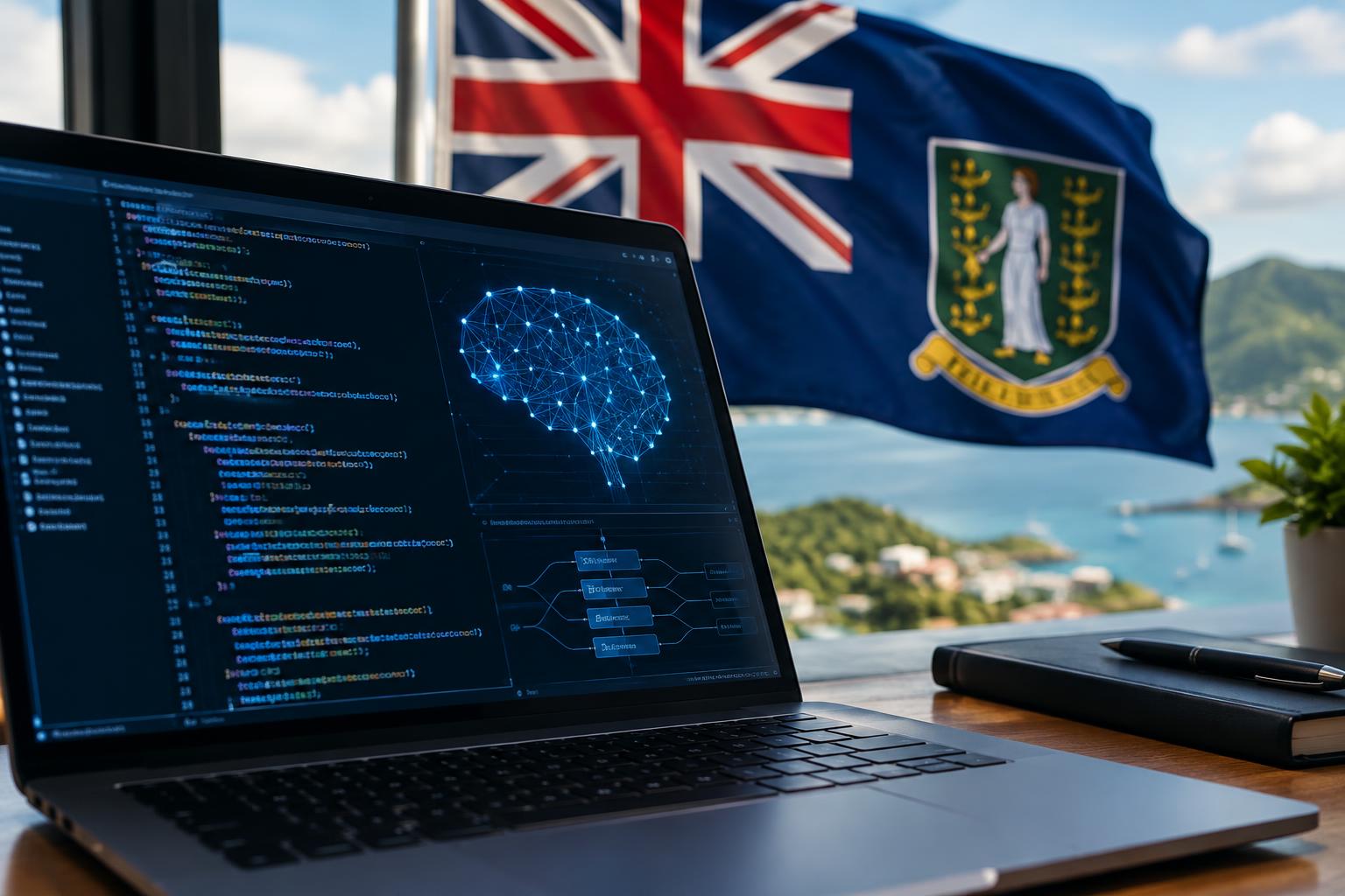 A laptop screen displaying AI code or algorithms, with the British Virgin Islands flag in the background, symbolizing technology governance and digital regulation in the Caribbean.