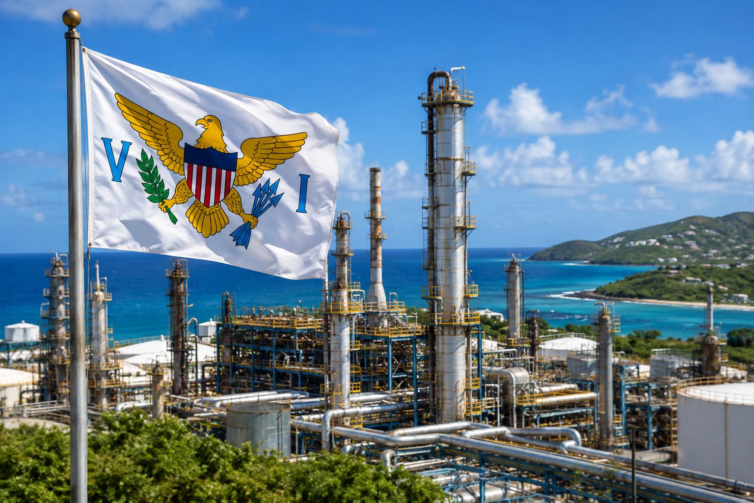An industrial oil refinery with multiple towers and pipes against a blue Caribbean sky, the US Virgin Islands flag flying prominently in the foreground, St. Croix coastline visible in the distance, daytime lighting.