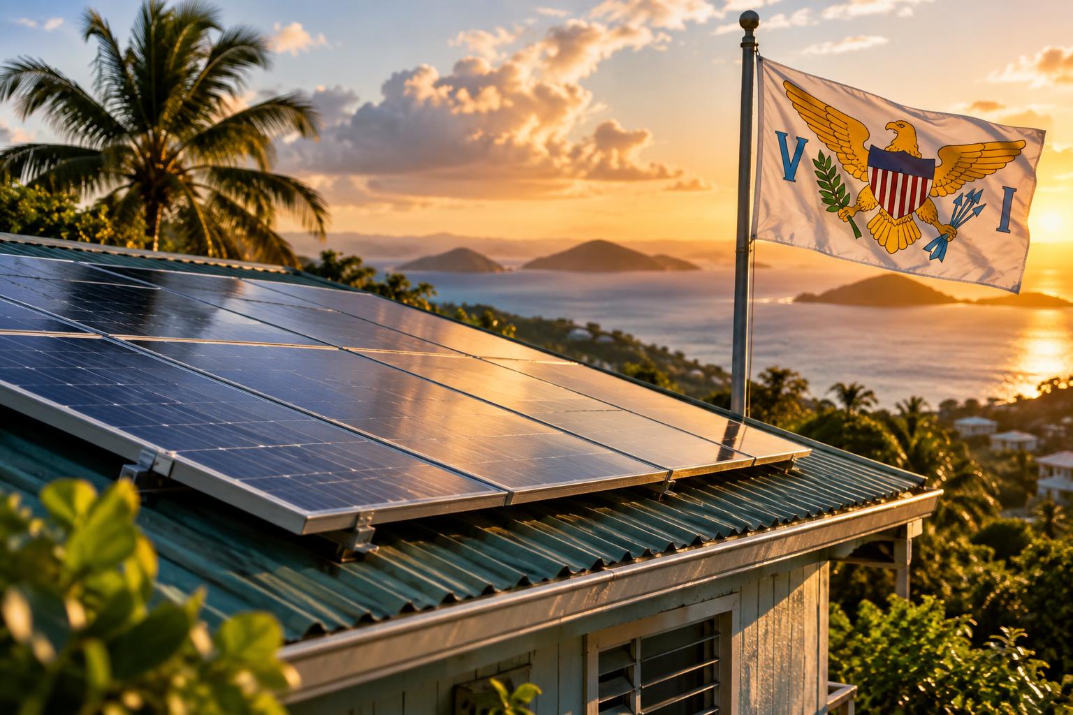 Solar panels mounted on a rural building roof under bright Caribbean sun, with the US Virgin Islands flag visible in the corner, cinematic lighting at golden hour