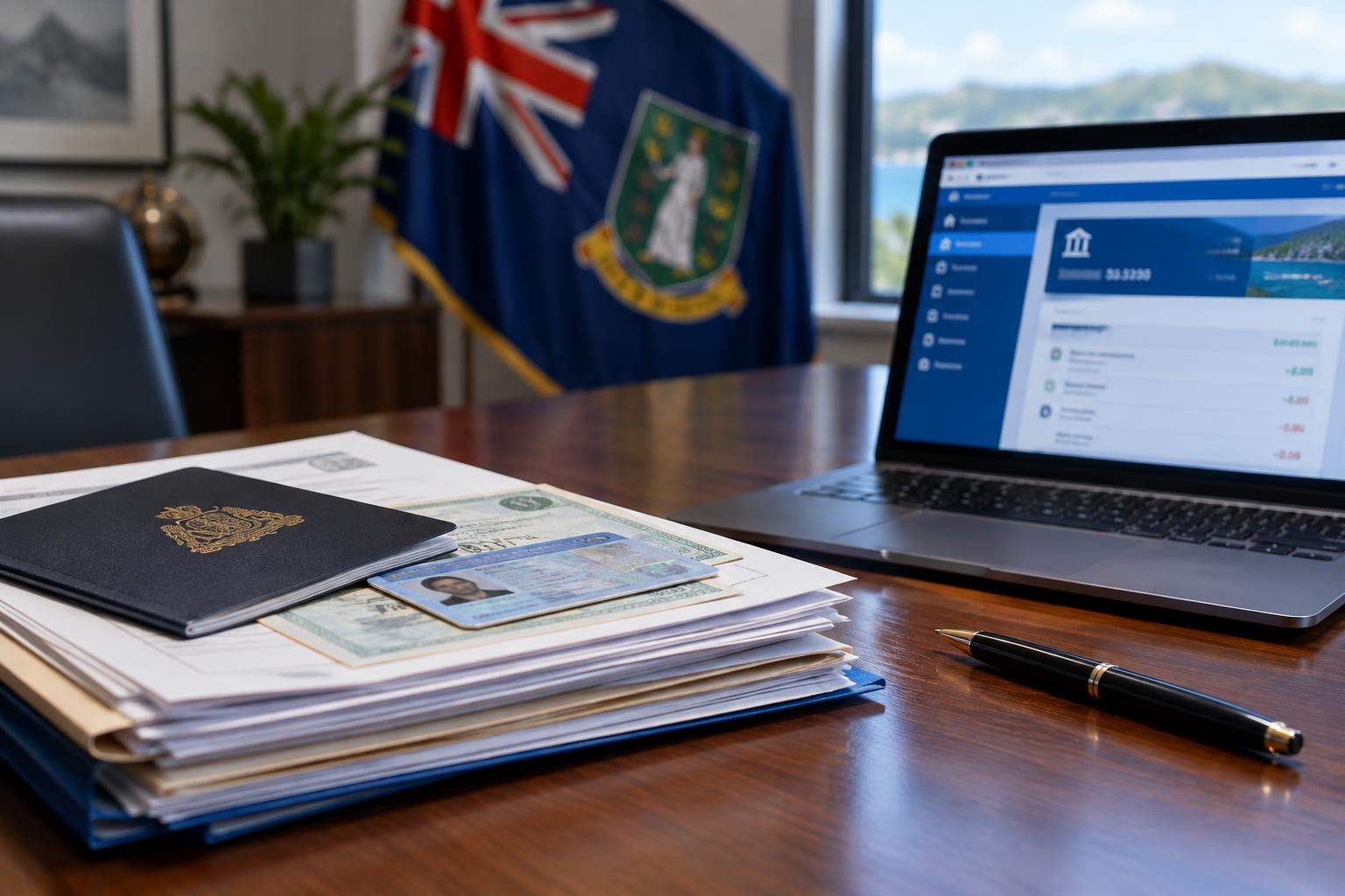 A stack of official documents and identification papers on a desk with a pen, a laptop screen showing a banking portal, and the BVI flag in soft focus behind, under office lighting
