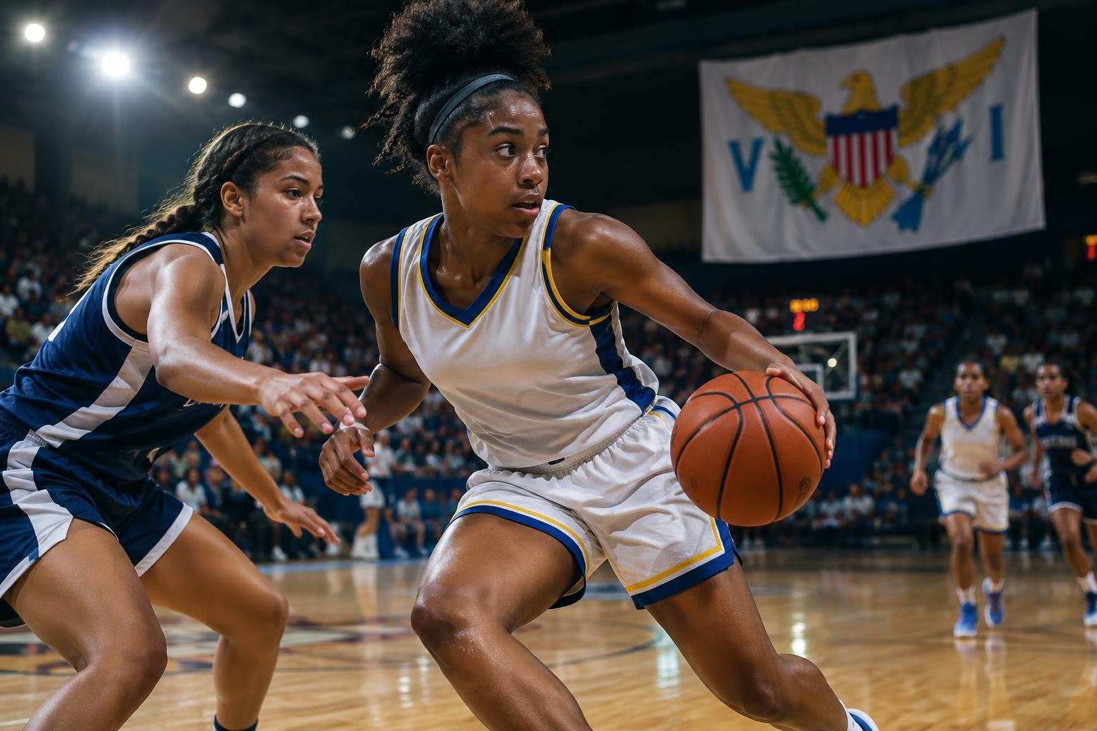 A high school basketball game in progress with players in action on court, the US Virgin Islands flag visible in the background, dramatic arena lighting