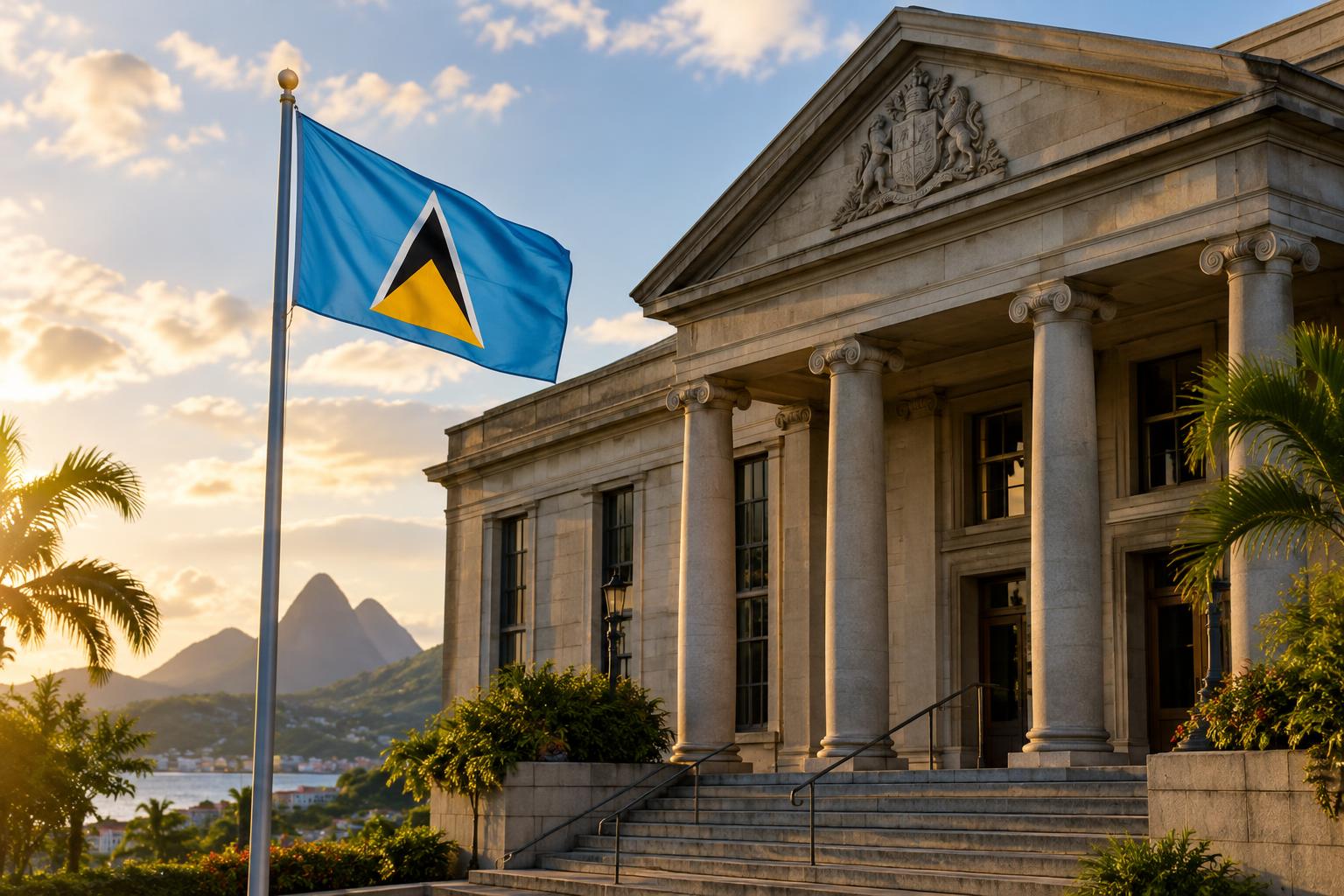 A solemn courthouse exterior with the Saint Lucia flag visible, symbolising the case's significance to the Caribbean community, shot in late afternoon light with no people visible