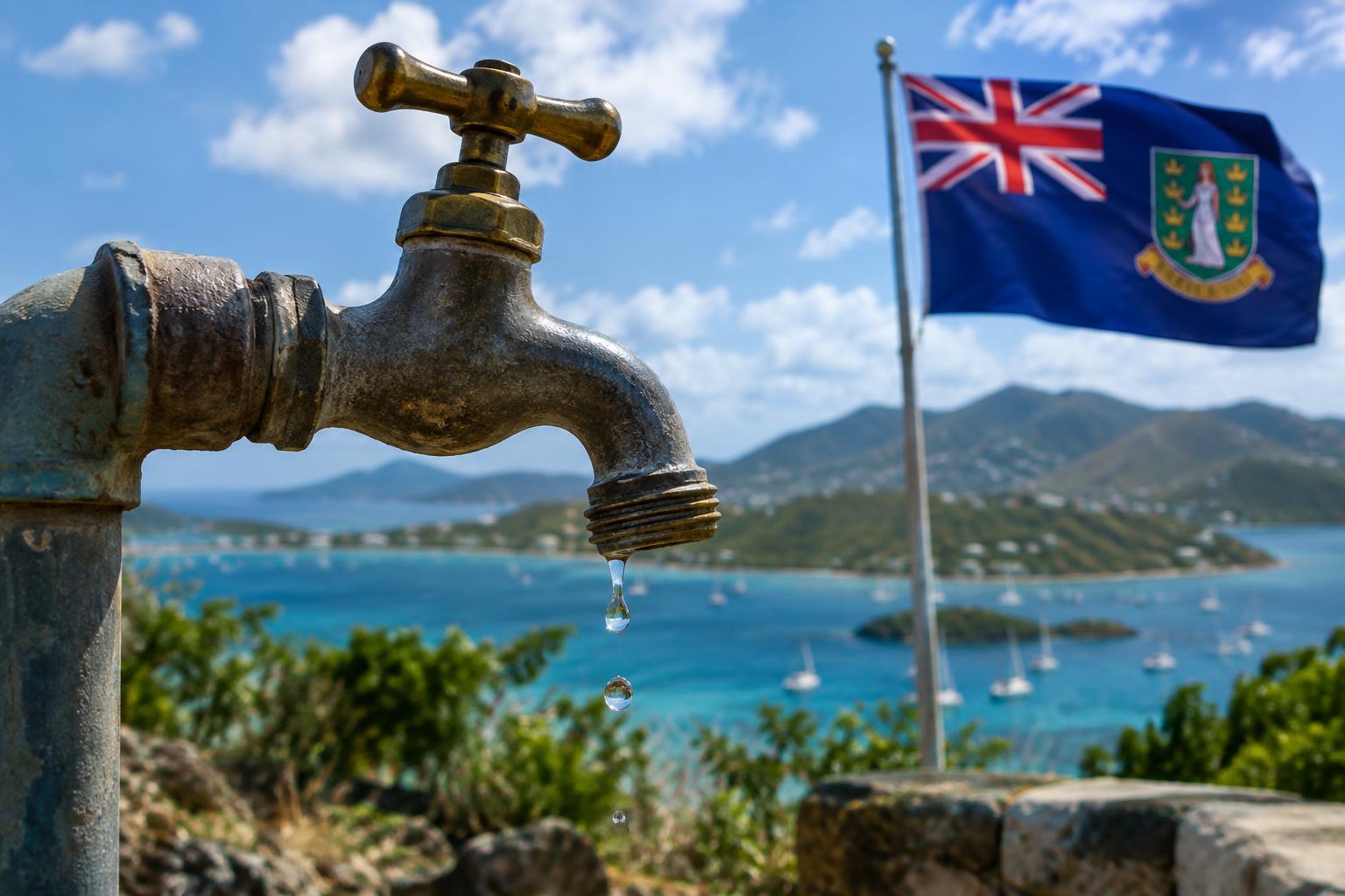 A water tap running dry against a tropical island backdrop with the BVI flag, representing infrastructure failure and political debate over public services.