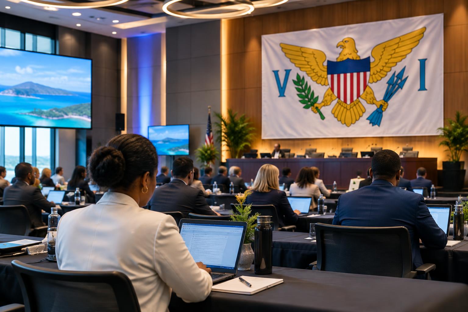 A modern conference hall with people seated at tables, laptops and digital displays visible, the US Virgin Islands flag prominently displayed on the wall, contemporary lighting and professional setting
