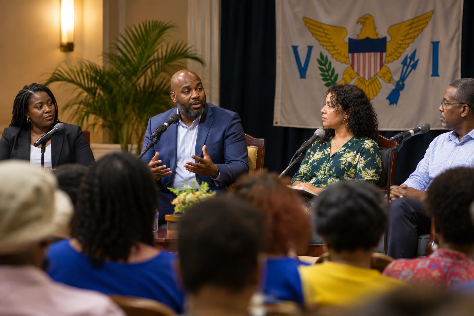 A panel discussion setup with microphones and seated speakers facing an audience in a community hall, with the US Virgin Islands flag visible in the background, warm indoor lighting.
