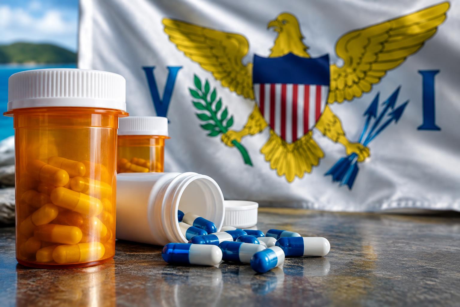 Prescription pill bottles and capsules arranged on a surface with the US Virgin Islands flag in the background, professional lighting, no people or faces visible