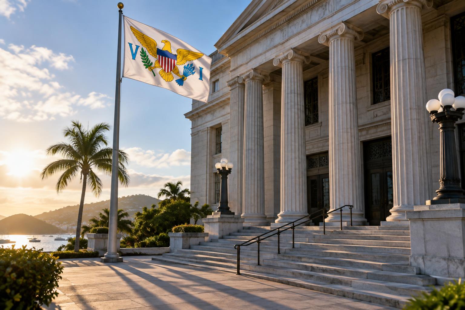 A federal courthouse entrance with classical columns, the US Virgin Islands flag flying prominently, morning light casting long shadows, professional and authoritative setting, no people visible