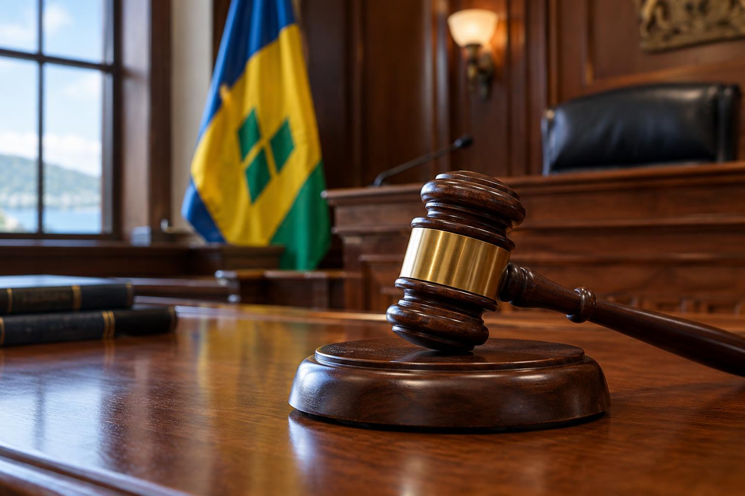 A wooden gavel resting on a desk inside a courtroom with the flag of St. Vincent and the Grenadines visible in the background, soft courtroom lighting, no people visible, cinematic composition