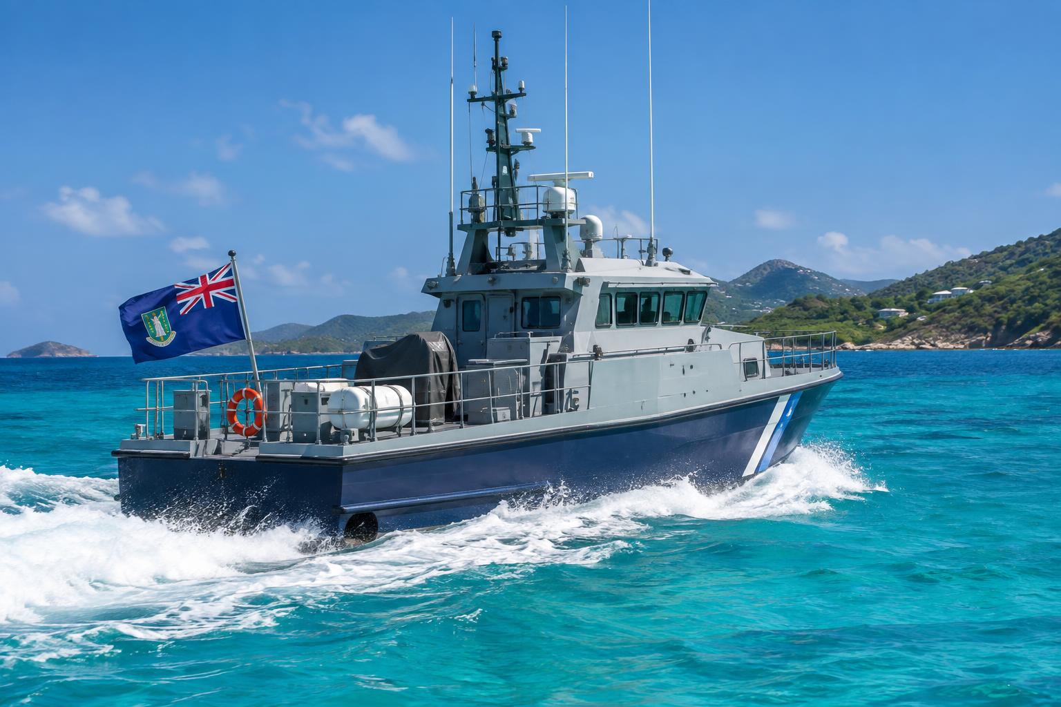 A patrol vessel cutting through turquoise Caribbean waters with the British Virgin Islands flag flying from its stern, clear blue sky above, representing maritime border security and customs operations.