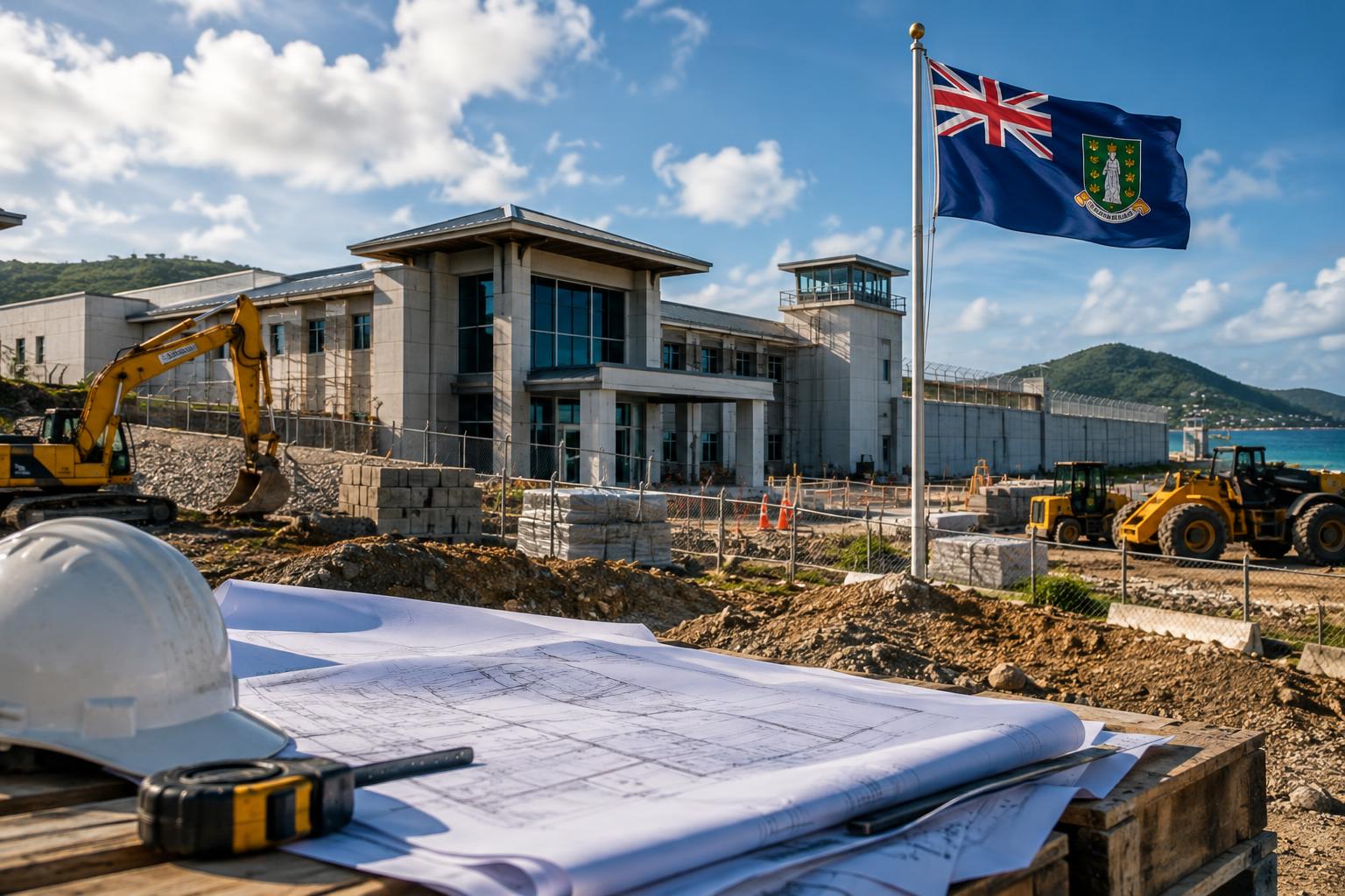 A modern institutional building under construction with the British Virgin Islands flag flying prominently, blueprints and construction equipment visible in the foreground, representing the new Immigration Detention Centre project.
