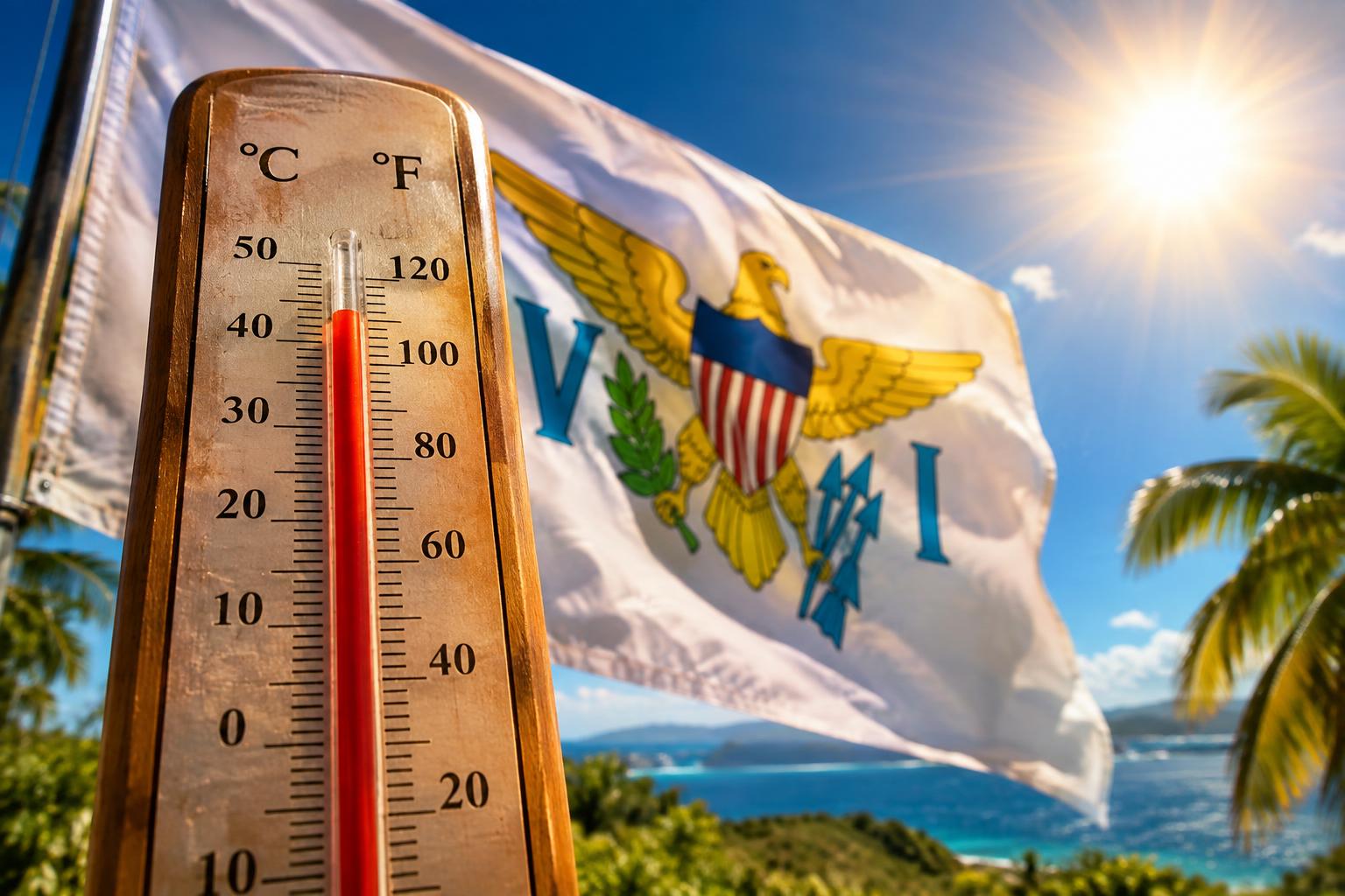 A thermometer showing high temperature with the US Virgin Islands flag and bright Caribbean sun in the background, cinematic lighting emphasizing the heat