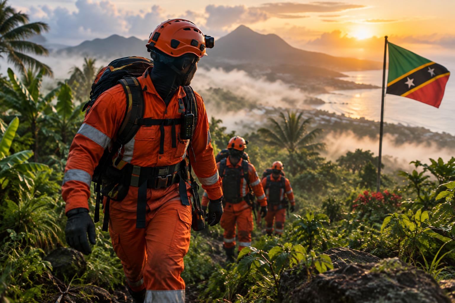 A search and rescue team in uniform walking through tropical grounds at dawn, the flag of St. Kitts and Nevis visible in the background, morning mist over the landscape, cinematic lighting.