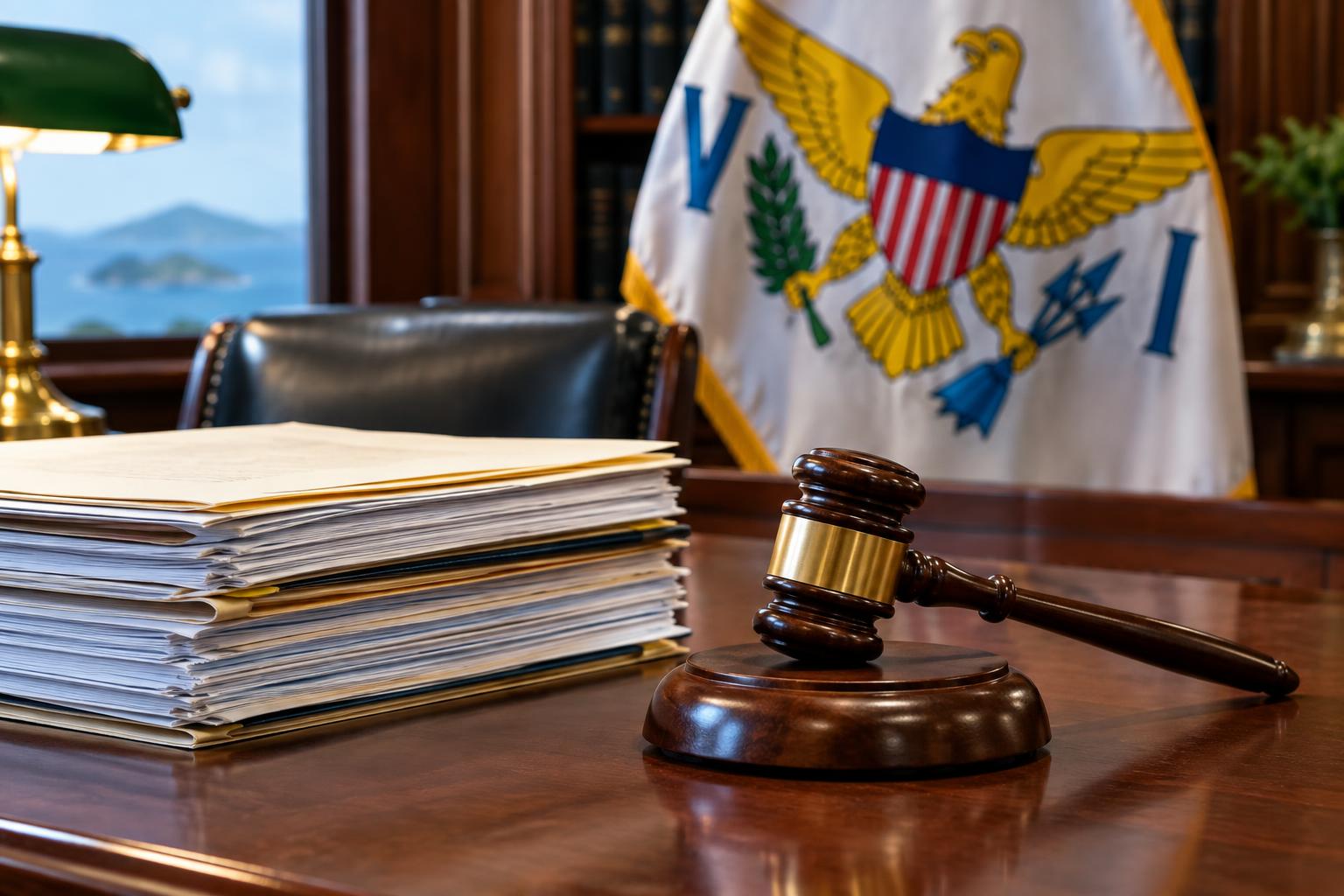 A stack of official documents and a gavel on a legislative desk, with the US Virgin Islands flag in the background, formal office lighting, no people visible