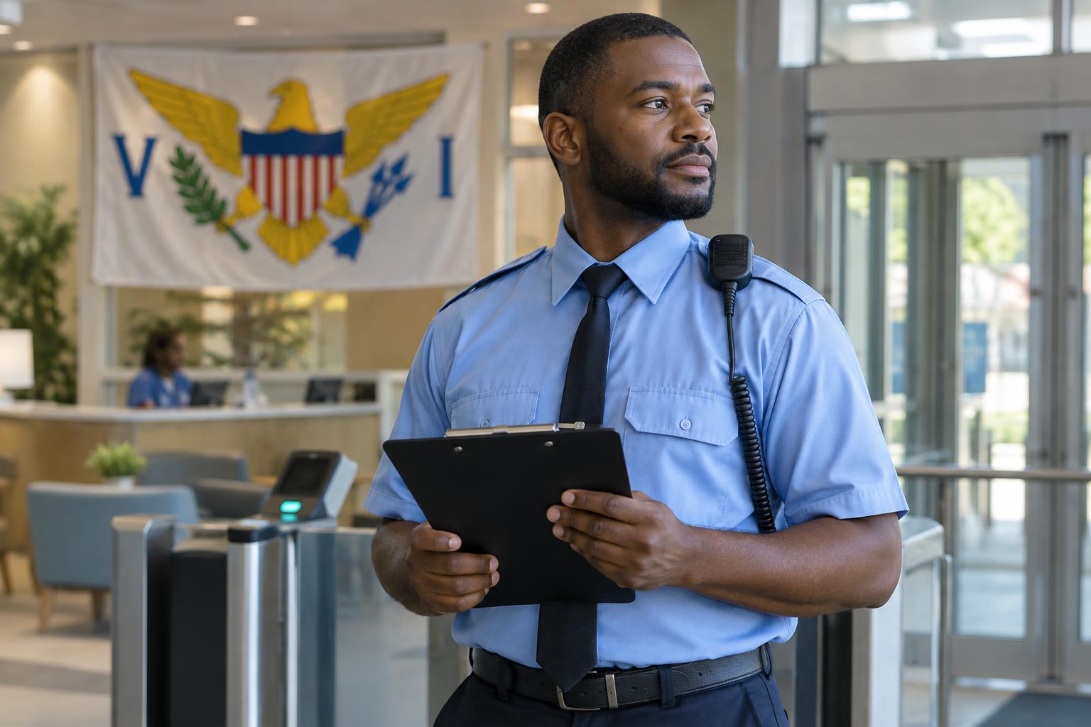 An unarmed security guard in uniform standing at an entrance checkpoint with a clipboard, the US Virgin Islands flag visible in the background, professional healthcare facility setting with soft lighting