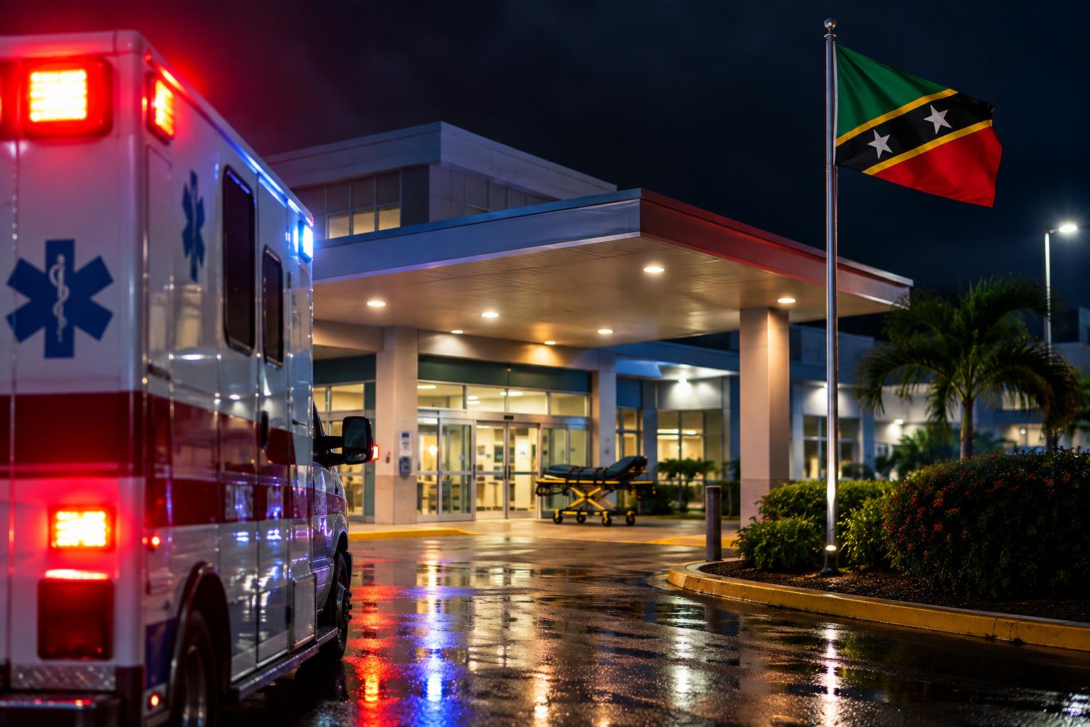 A hospital entrance at night with emergency lights, the St. Kitts and Nevis flag visible, suggesting urgent medical care without depicting injury or victims