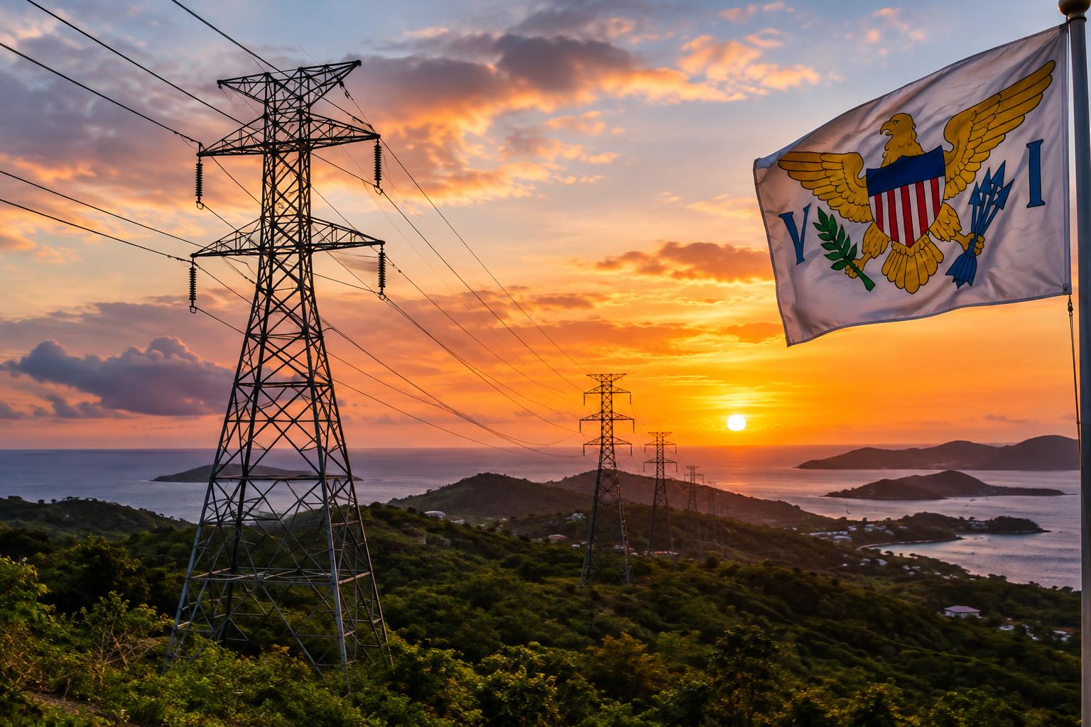 High-voltage electrical transmission lines stretching across a landscape at sunset, with the US Virgin Islands flag visible in the corner, symbolizing energy infrastructure and utility management.