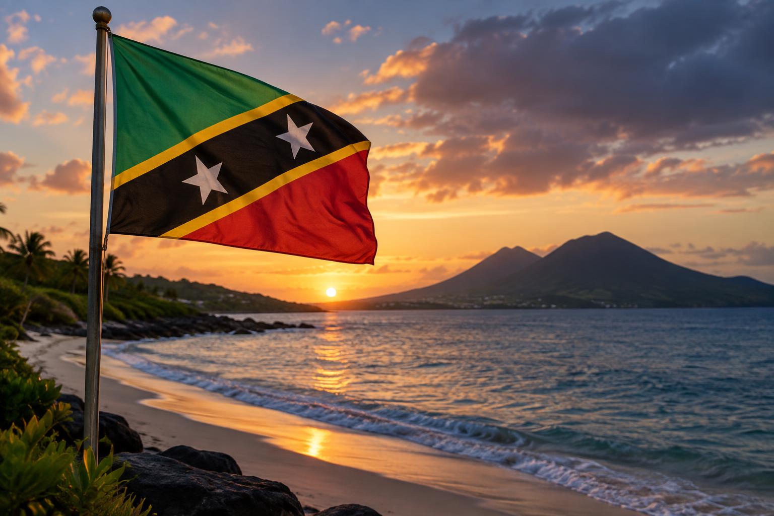 A calm Caribbean shoreline at dusk with the flag of St. Kitts and Nevis flying, water meeting sandy beach, no people visible, soft golden light fading to twilight
