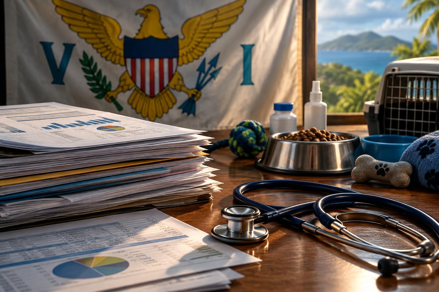 A stack of budget documents and financial papers on a desk with a US Virgin Islands flag in the background, alongside a stethoscope and animal care supplies, cinematic lighting, no people