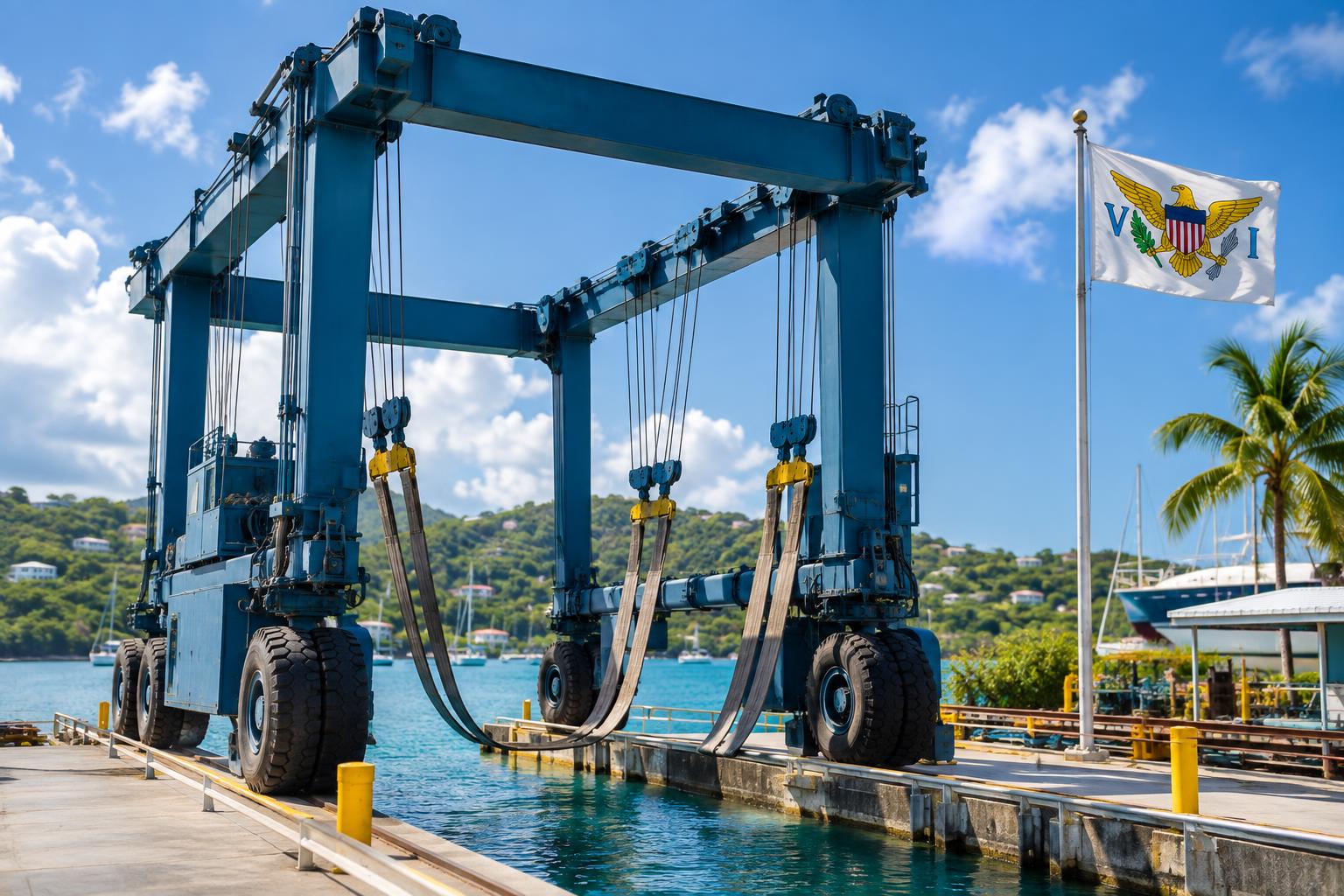 A large industrial marine travelift crane positioned over water at a Caribbean shipyard, with the US Virgin Islands flag flying nearby, under bright tropical sunlight