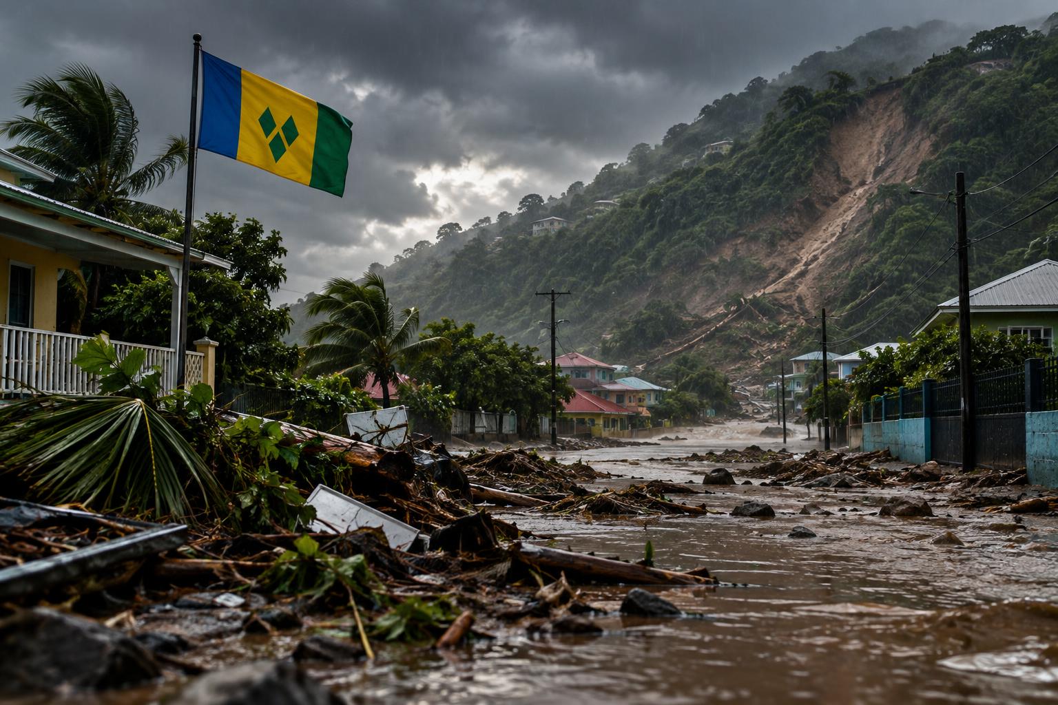 A flooded street lined with debris and sludge under heavy rain, with a landslide visible on a hillside in the background, the St. Vincent and the Grenadines flag flying amid dark storm clouds, cinematic lighting