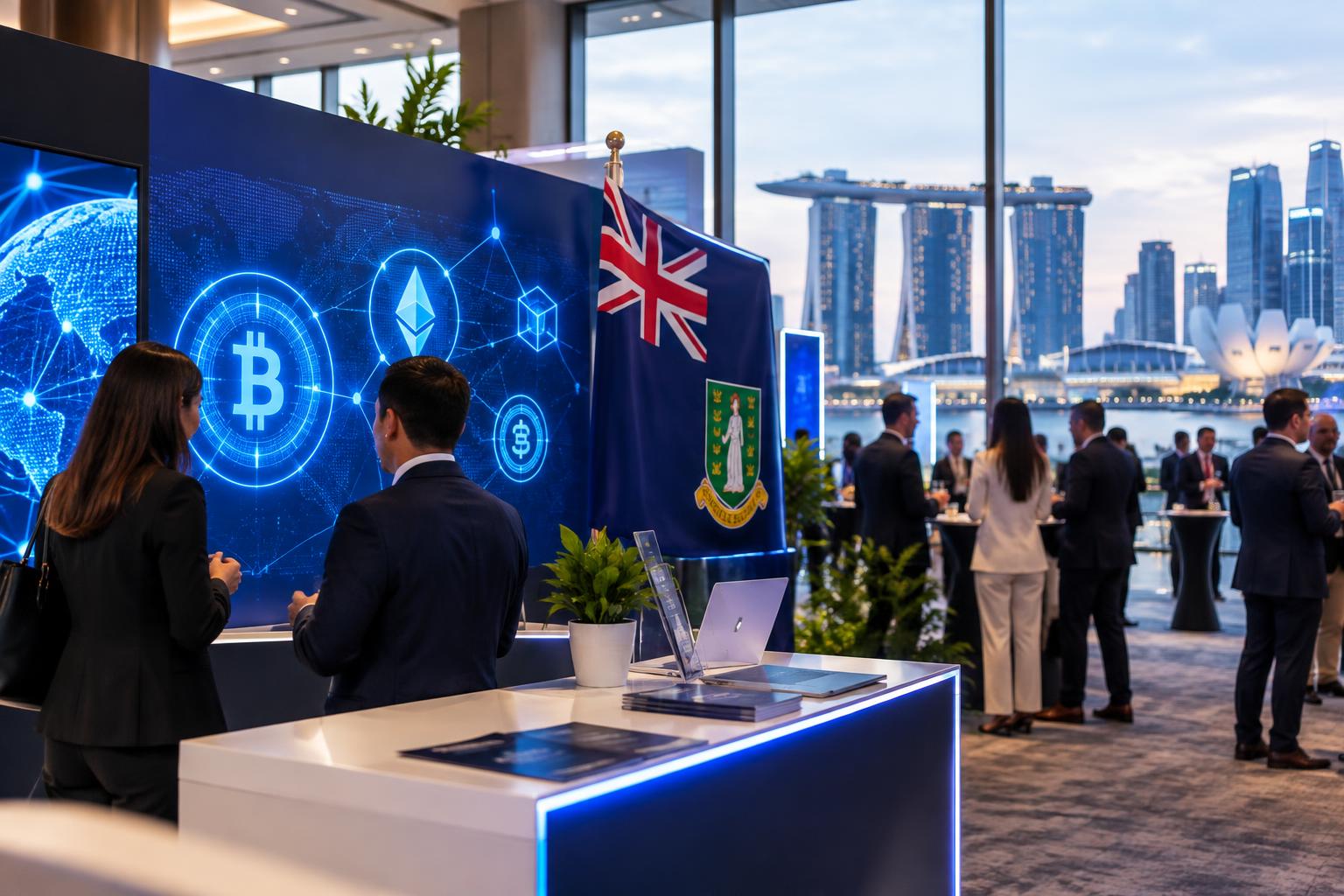 A modern conference booth with digital screens displaying blockchain and cryptocurrency symbols, the BVI flag visible, attendees in business attire networking in the background, sleek Singapore cityscape through windows, professional lighting