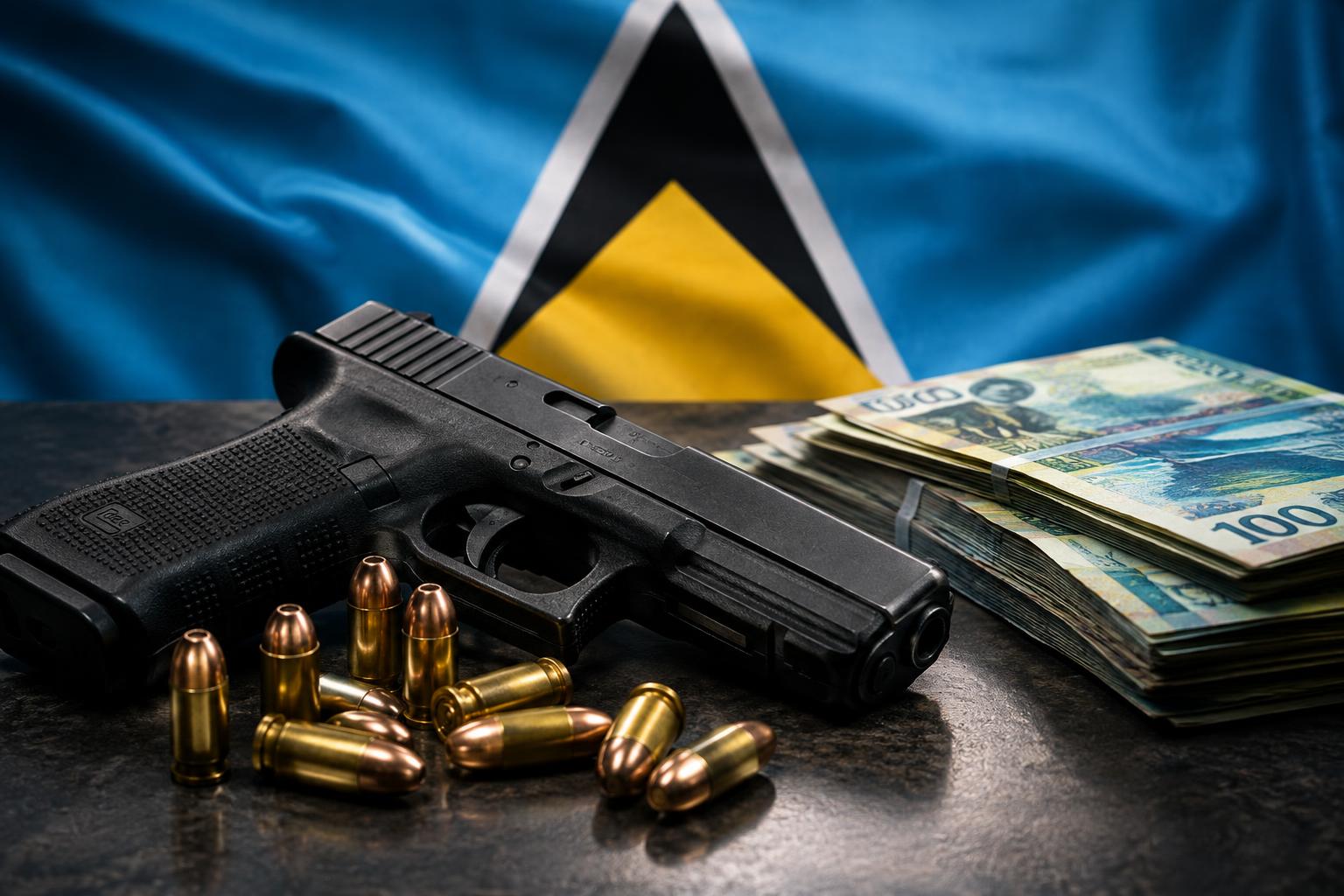 A Glock 19 pistol, ammunition rounds, and cash arranged on a surface with the flag of Saint Lucia in the background, cinematic lighting, no people visible