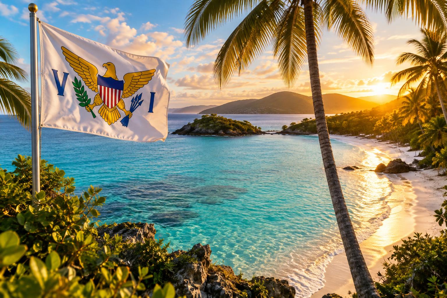 Crystal-clear turquoise waters of Trunk Bay with white sand beach and palm trees, the U.S. Virgin Islands flag visible, golden hour sunlight, cinematic tropical setting
