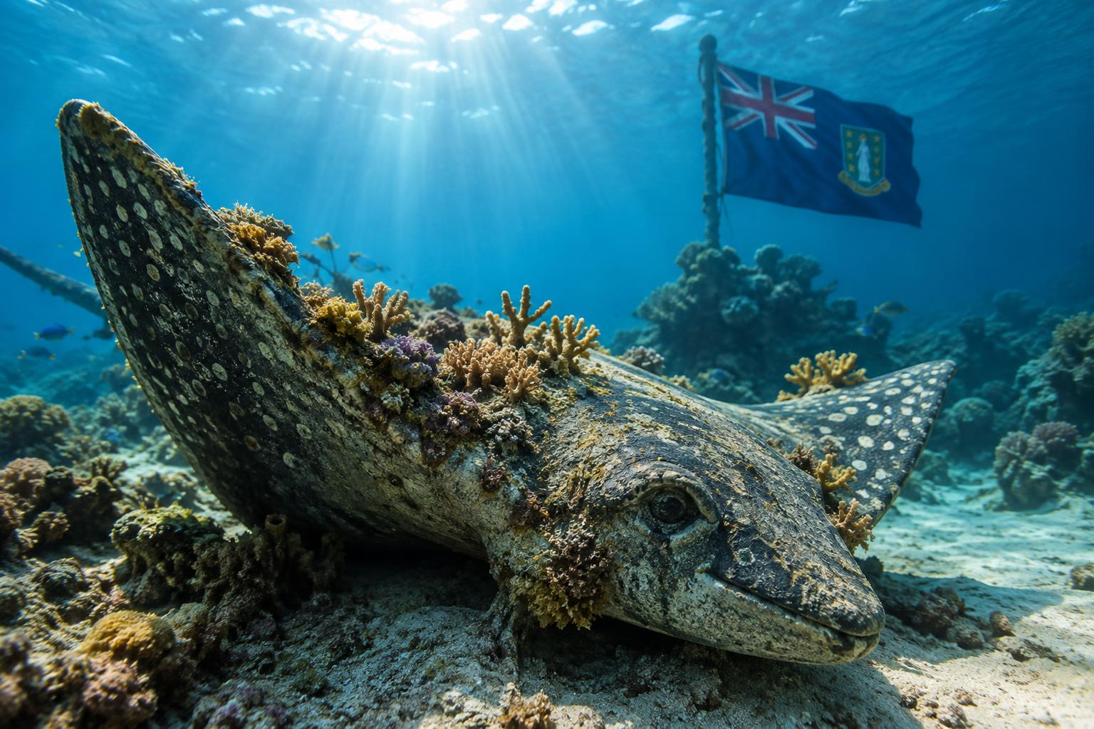 An underwater view of a large spotted eagle ray sculpture on the seafloor with coral beginning to colonise its surface, the British Virgin Islands flag visible in the background, sunlight filtering through the water above, cinematic lighting