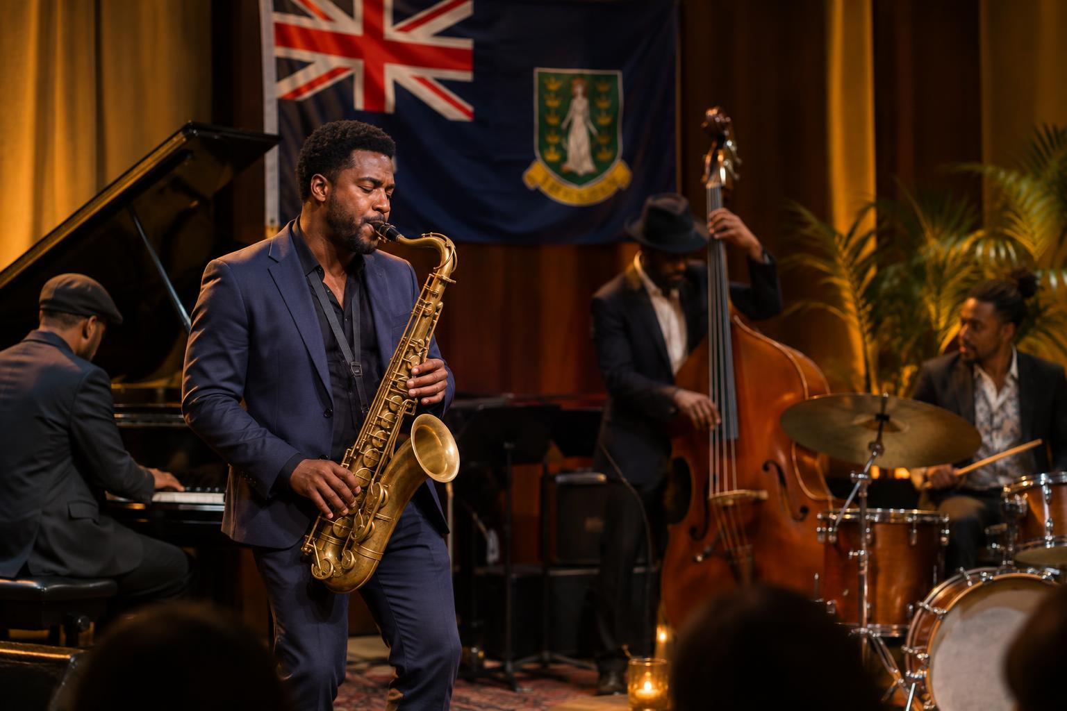 A live jazz ensemble on stage under warm stage lighting in an intimate auditorium setting, with the British Virgin Islands flag visible in the background, musicians with instruments mid-performance, elegant and atmospheric