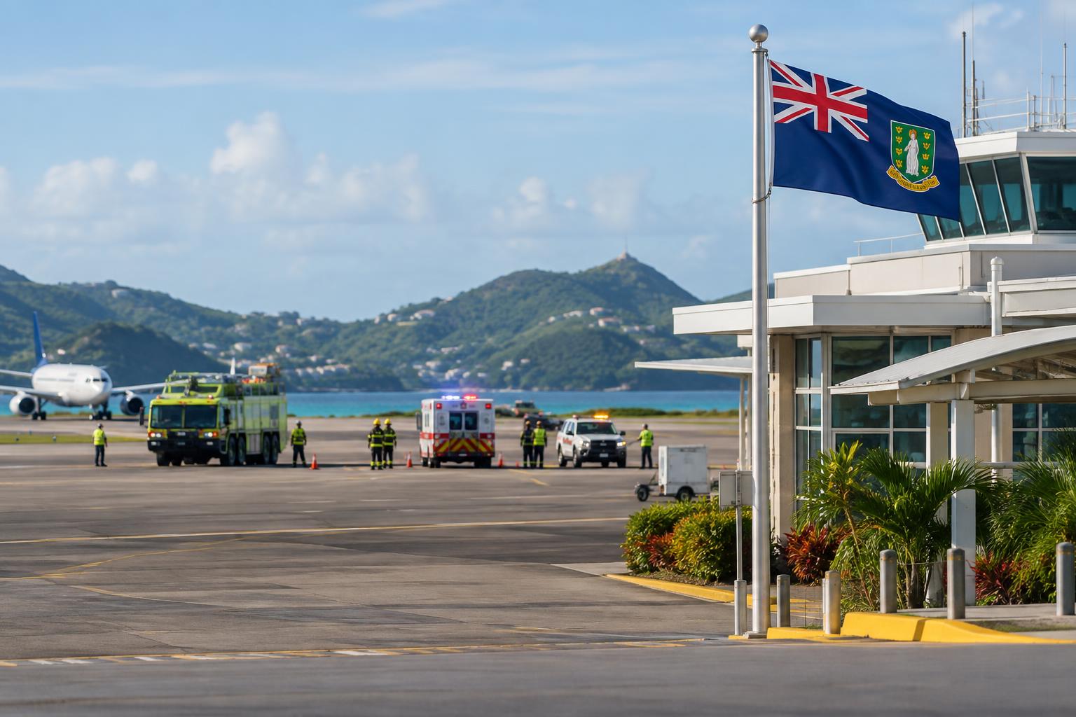 An airport runway with emergency vehicles and personnel in the distance, the BVI flag flying at the terminal, clear daylight, professional and orderly scene showing preparedness and safety protocols in action