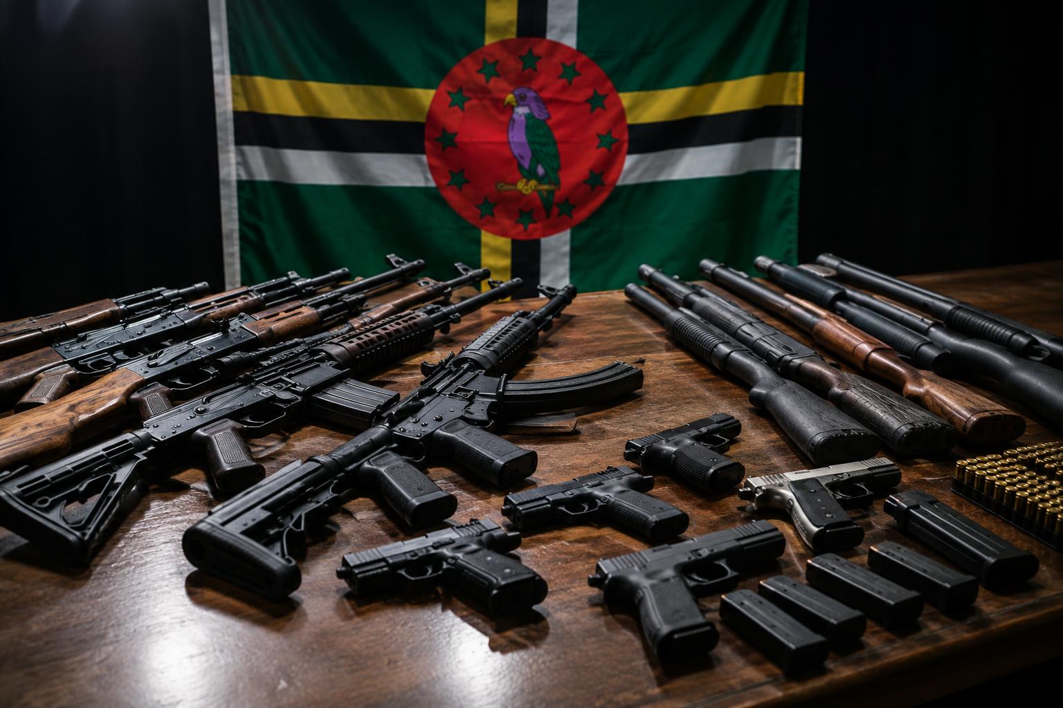 An array of confiscated rifles, shotguns and pistols arranged on a table with the Dominica flag in the background, dramatic overhead lighting, no people visible