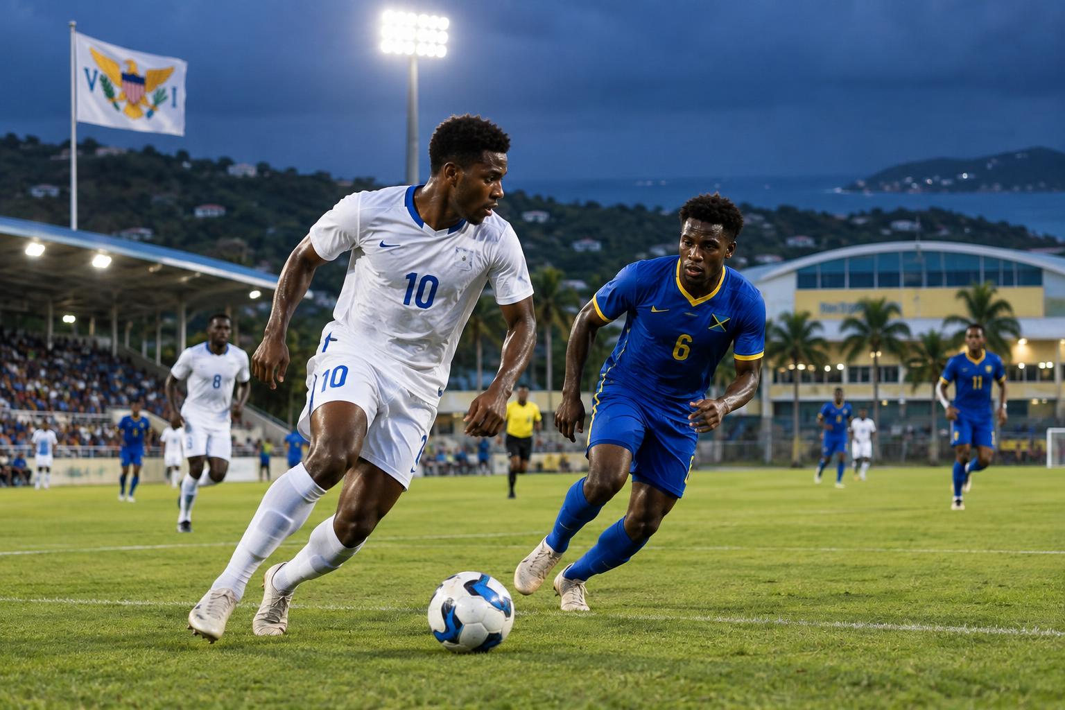 A football match in progress at a Caribbean stadium with the US Virgin Islands flag flying, players in action under bright stadium lights, the Bethlehem Soccer Complex visible in the background